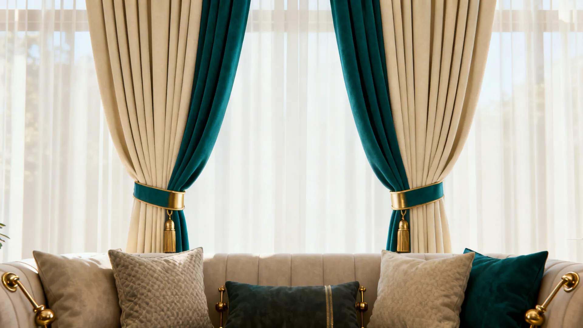 Cream drapes with bold deep teal and brass tiebacks positioned for balanced proportion