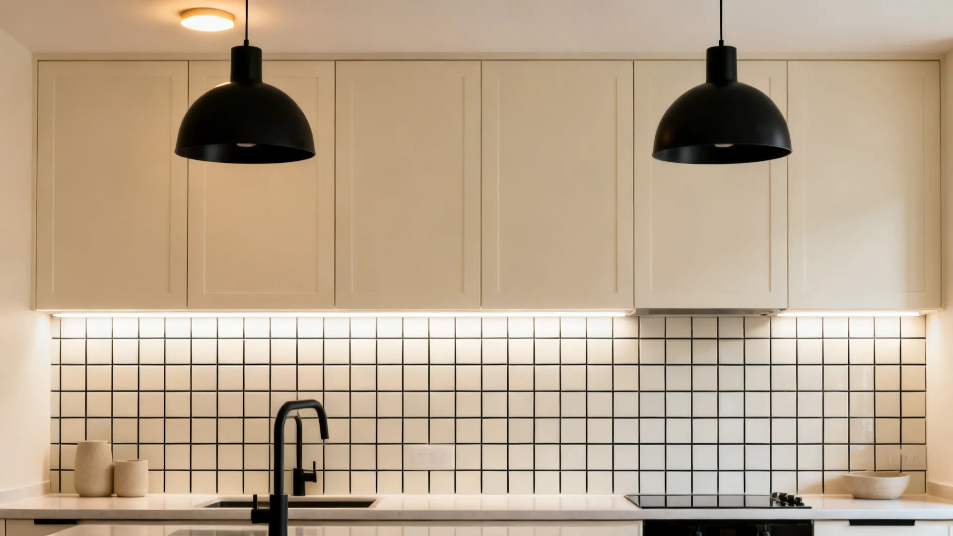 Cream cabinetry with off-white tiles outlined by black grout and matte black pendants over the counter.