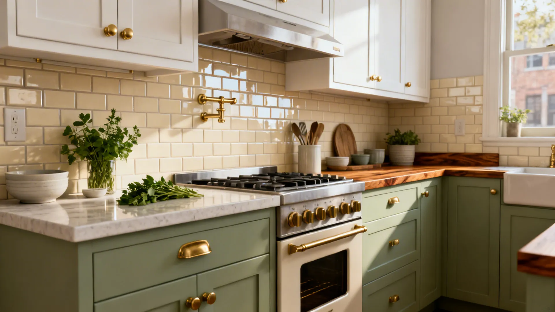 Green kitchen cabinets with white stove cream wall tiles gold metal handles and marble countertop