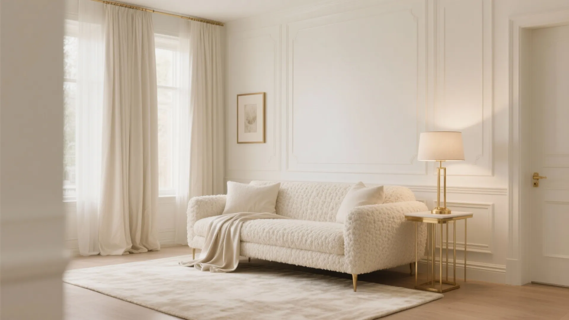 Cream living room featuring textured white sofa gold side table lamp white curtains and wall