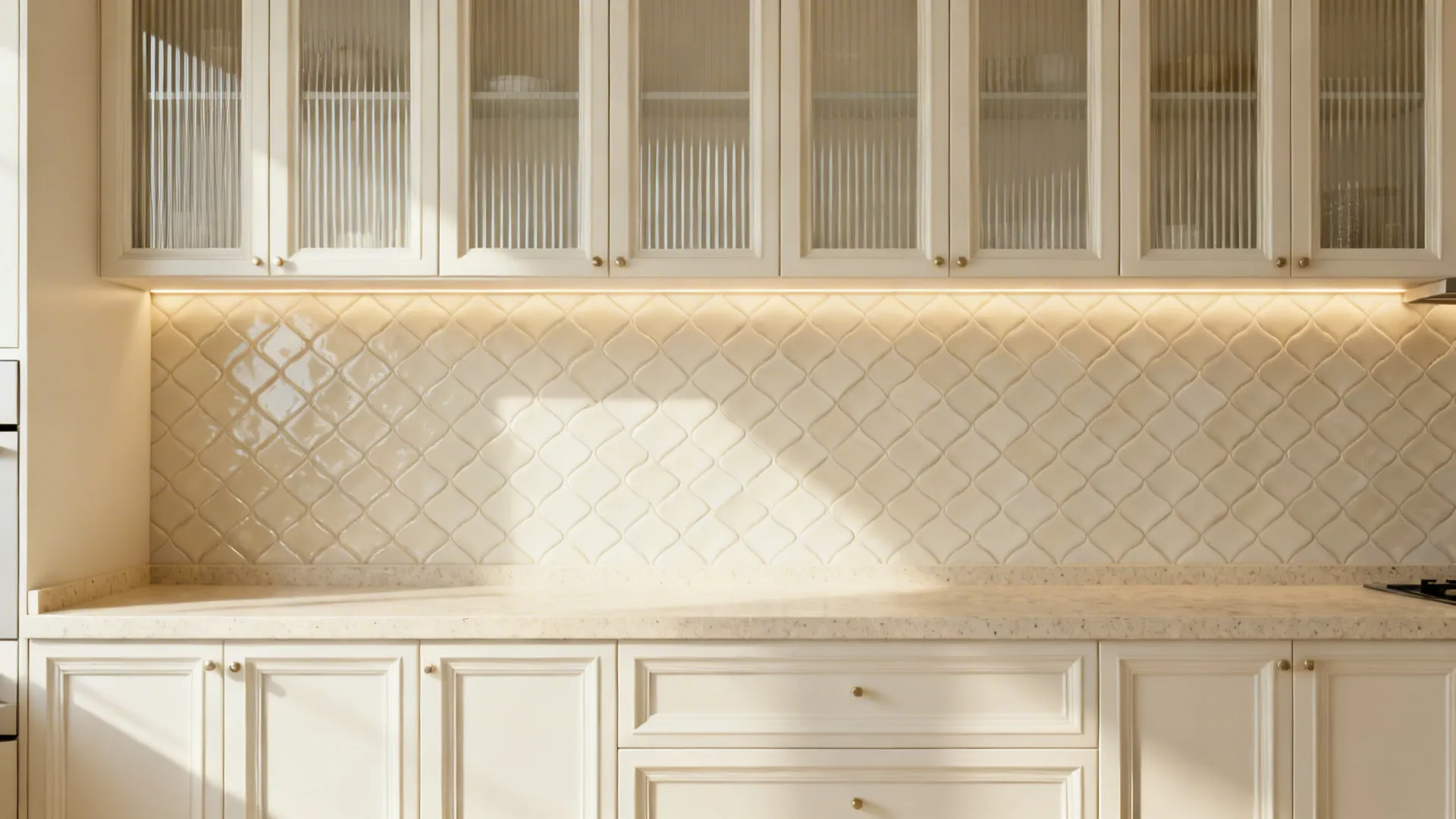 Tone-on-tone cream kitchen with beveled tiles, off-white cabinets, and cream quartz.