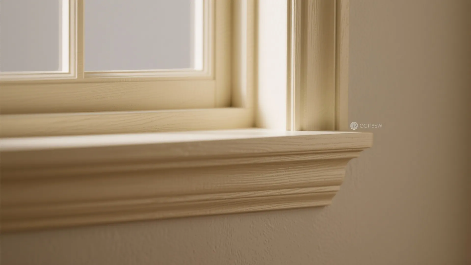Close-up view of a cream-colored window frame with decorative wood trim and smooth indoor walls