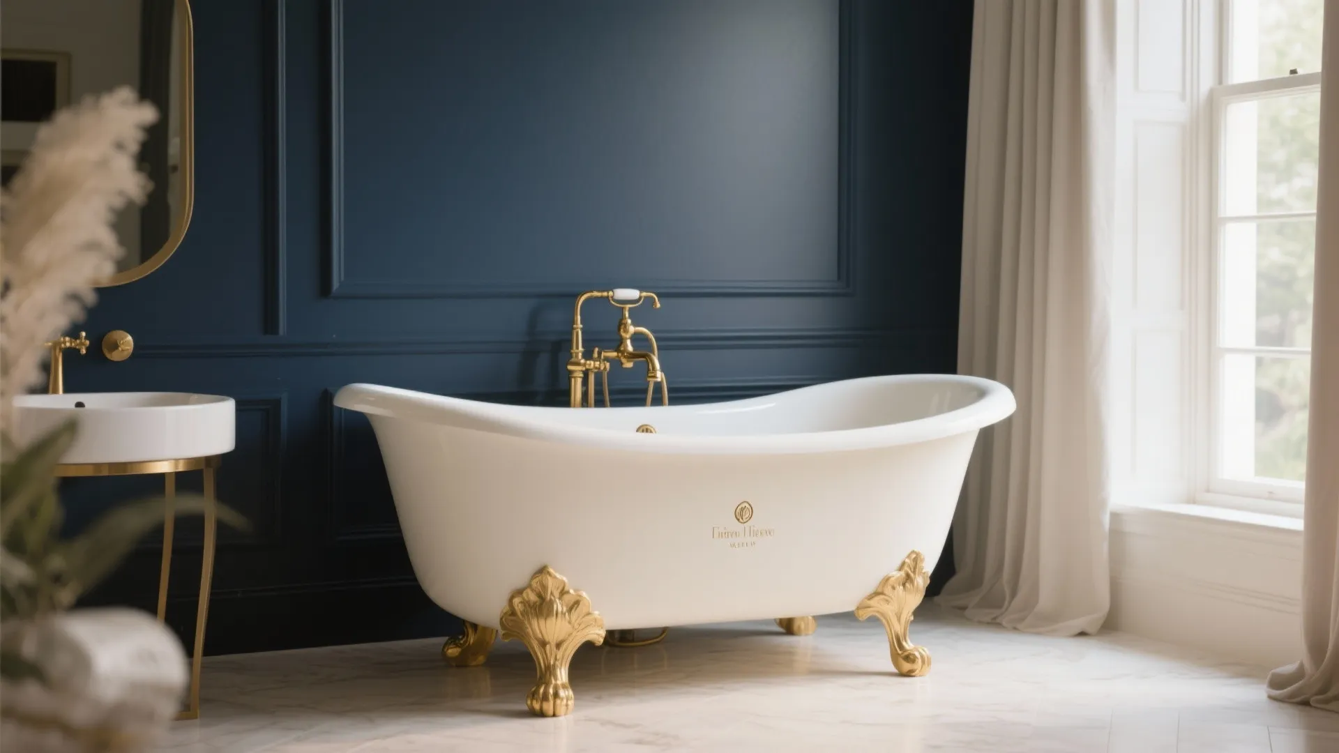 Elegant white bathtub with gold legs and gold faucet against a dark blue wall background