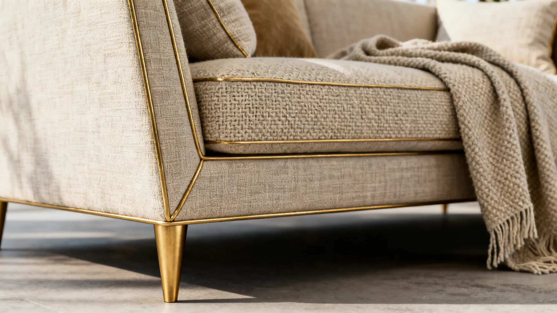 Cream linen sofa with gold piping and tapered gold legs, fabric texture visible.