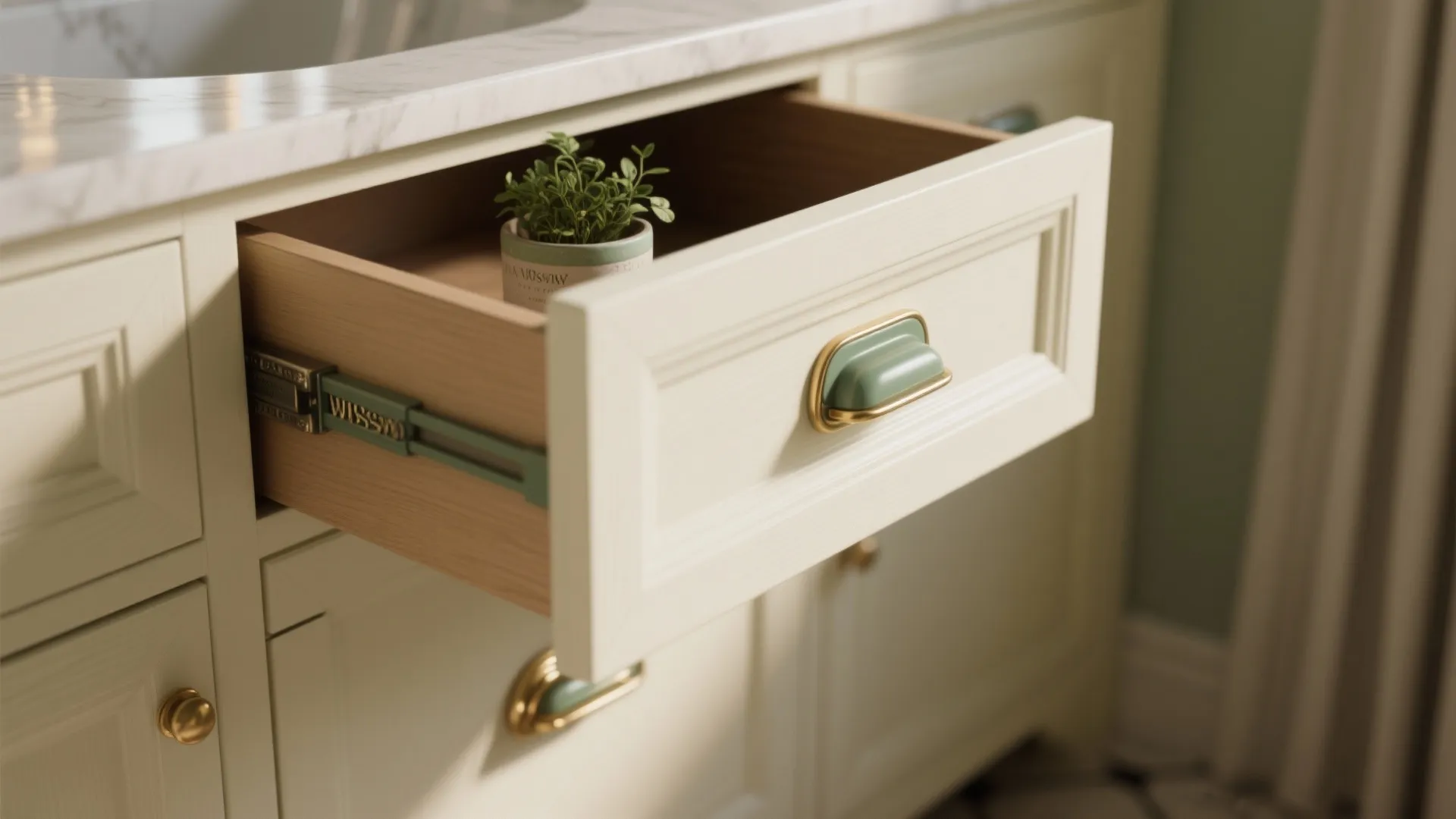 Open cream bathroom cabinet drawer showing a small green plant inside and a marble sink top