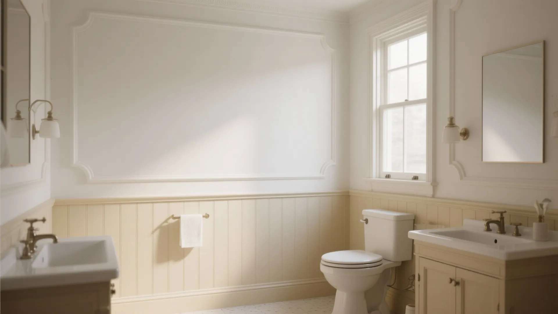 Classic bathroom featuring cream wall panel design with a white toilet sink and wall light