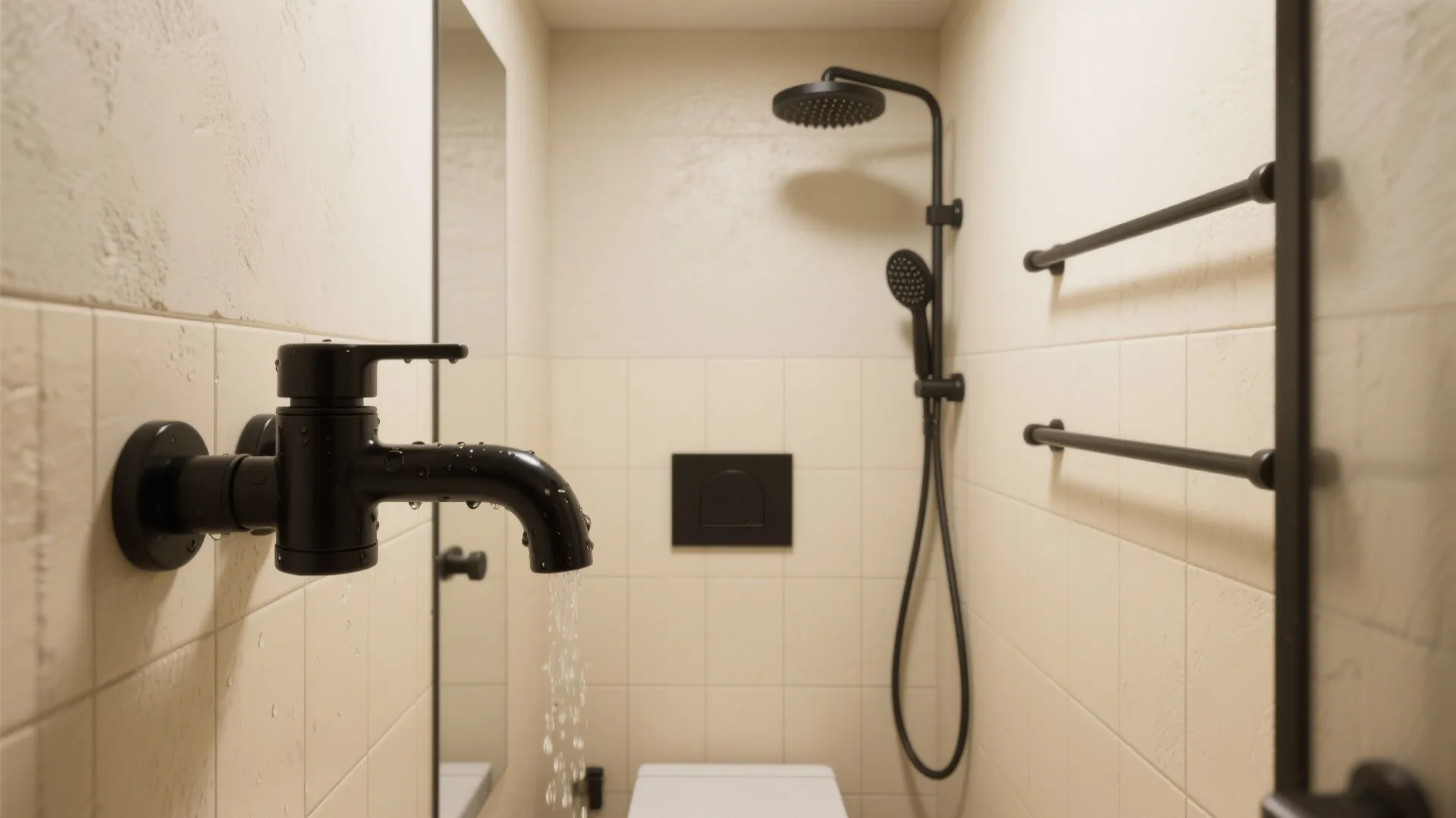 1. Cream Walls + Matte Black Fixtures