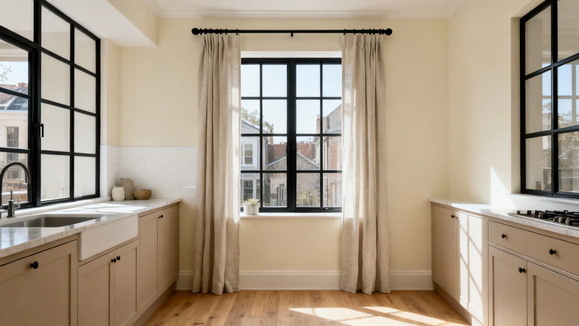 Cream walls and light wood floors with a black-framed kitchen window and linen cafe curtains.