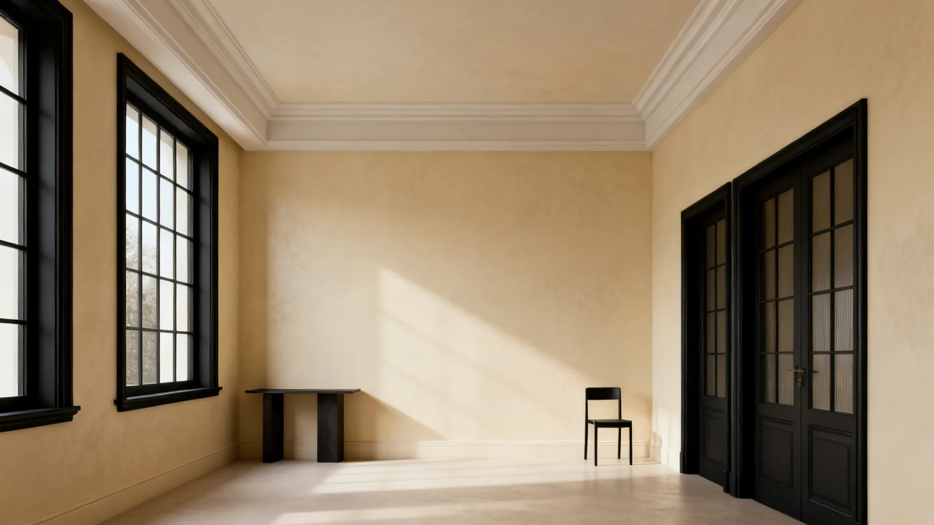Cream walls with matte black window and door trim creating architectural depth.
