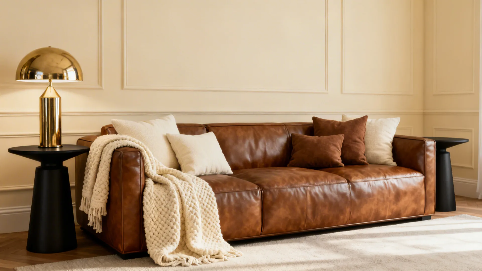 Brown leather sofa against warm cream walls with black side tables and textured throws.