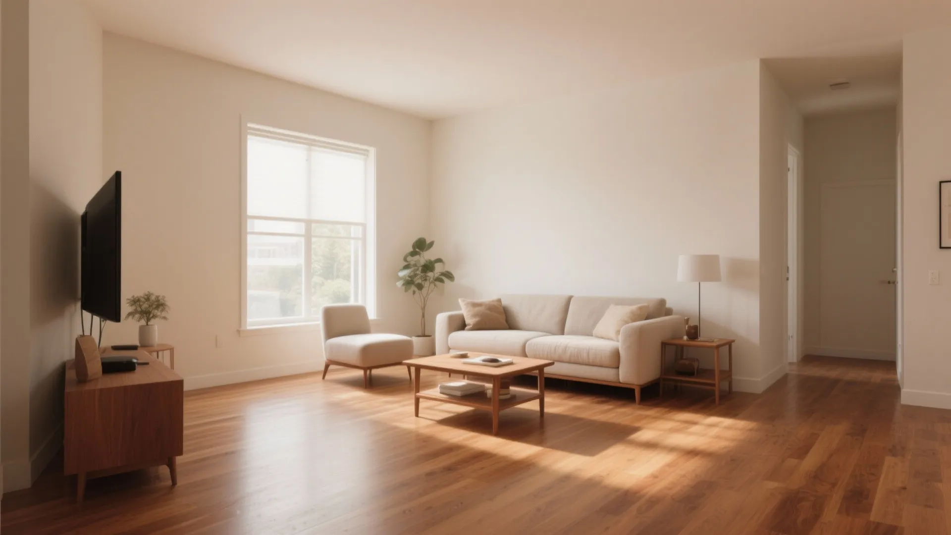 Minimalist living room with beige sofa coffee table wooden floor television and large bright windows