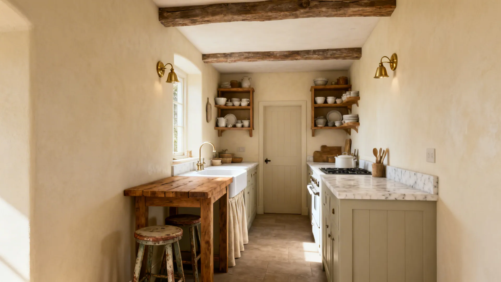 Soft cream buttermilk walls brighten a narrow country kitchen with oak shelves and brass lights.
