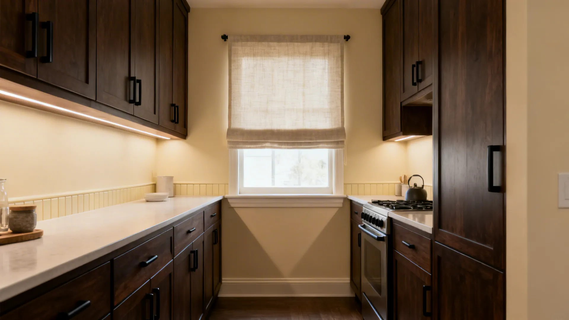 Serene galley kitchen with dark espresso cabinets, cream walls, and slim black pulls.