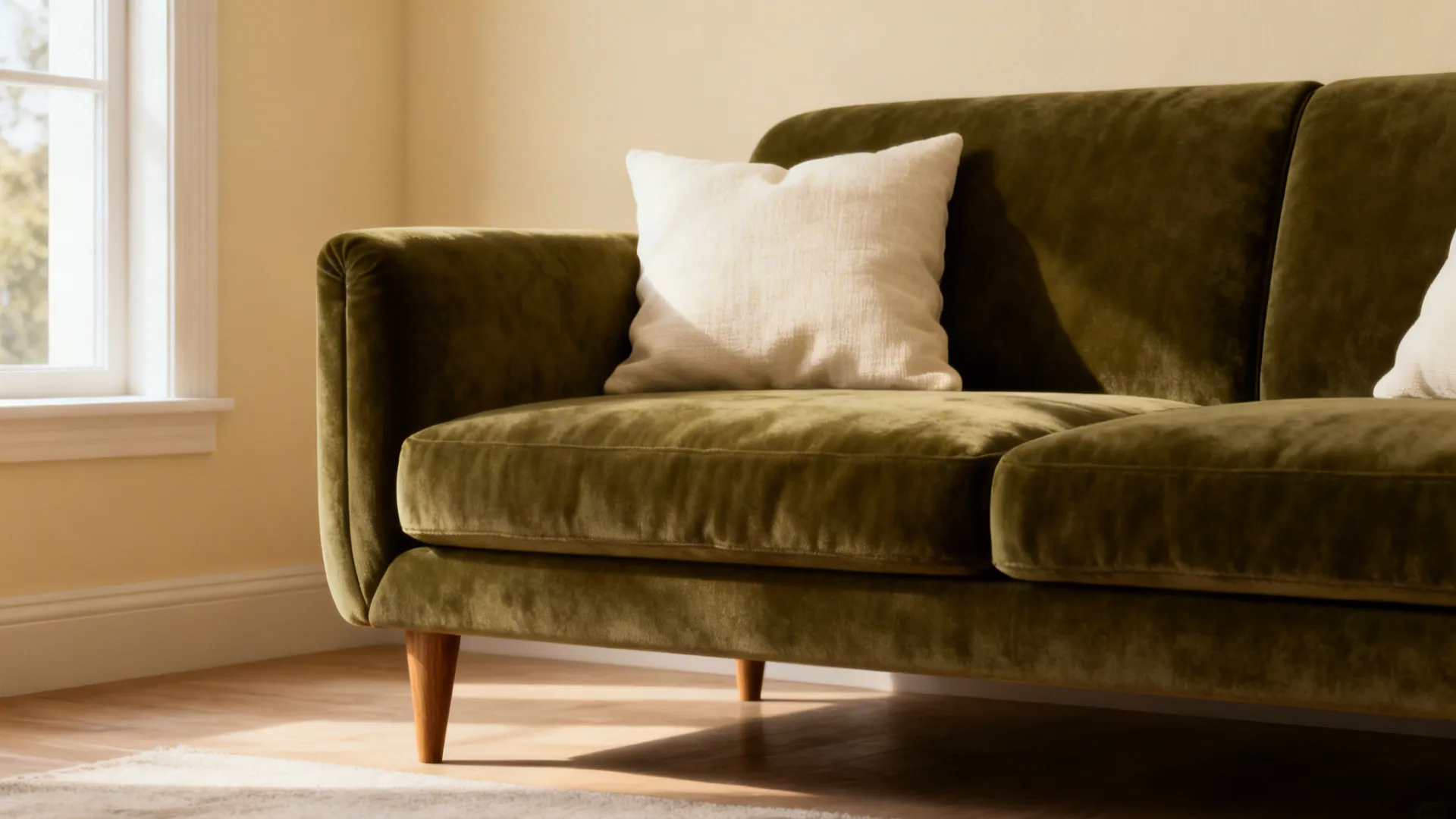 Deep green sofa against warm cream walls with natural daylight and soft cushions