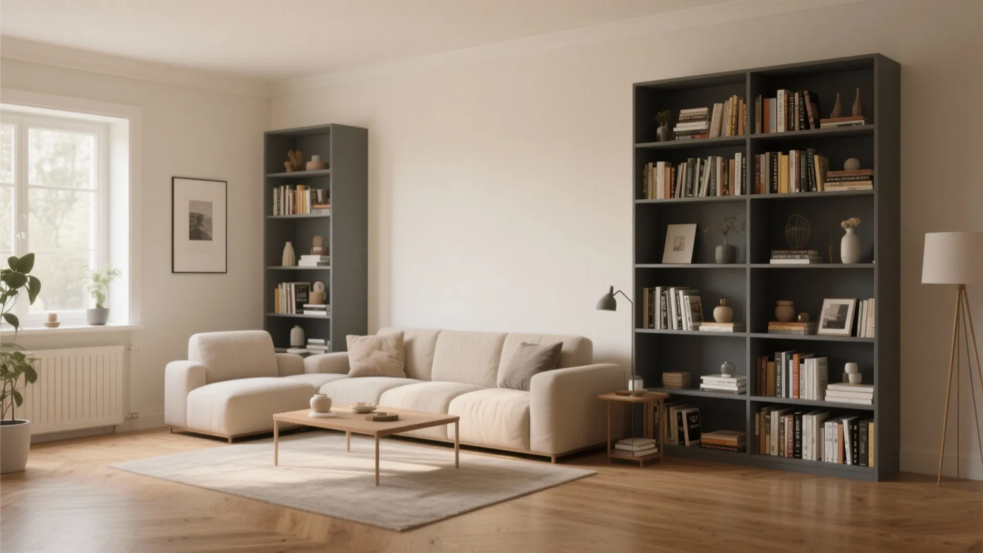 Cream Walls with Grey Built-in Shelving