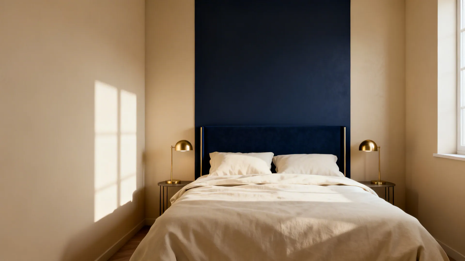 Compact bedroom with three cream walls and a single navy accent wall behind the bed.