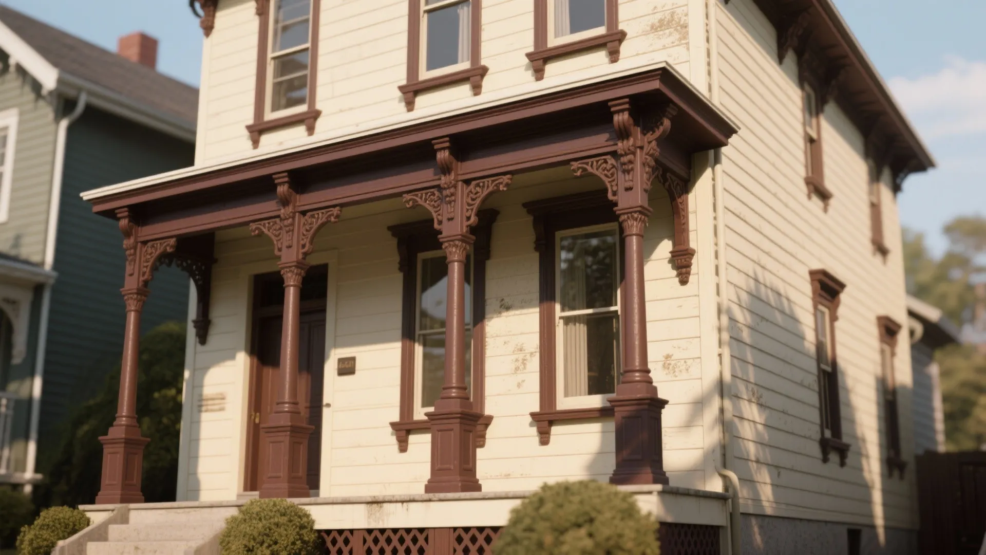 Cream house with brown trim on porch pillars and on all the upper floor windows