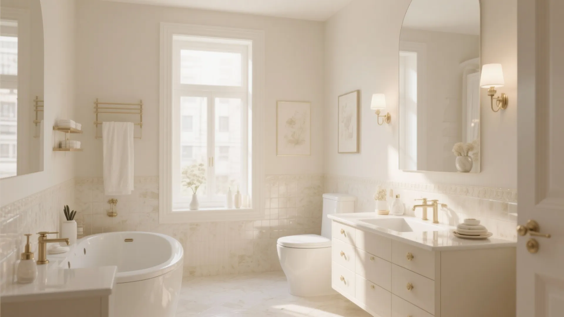 Cream white bathroom interior with large bathtub white vanity toilet wall light and big bright window