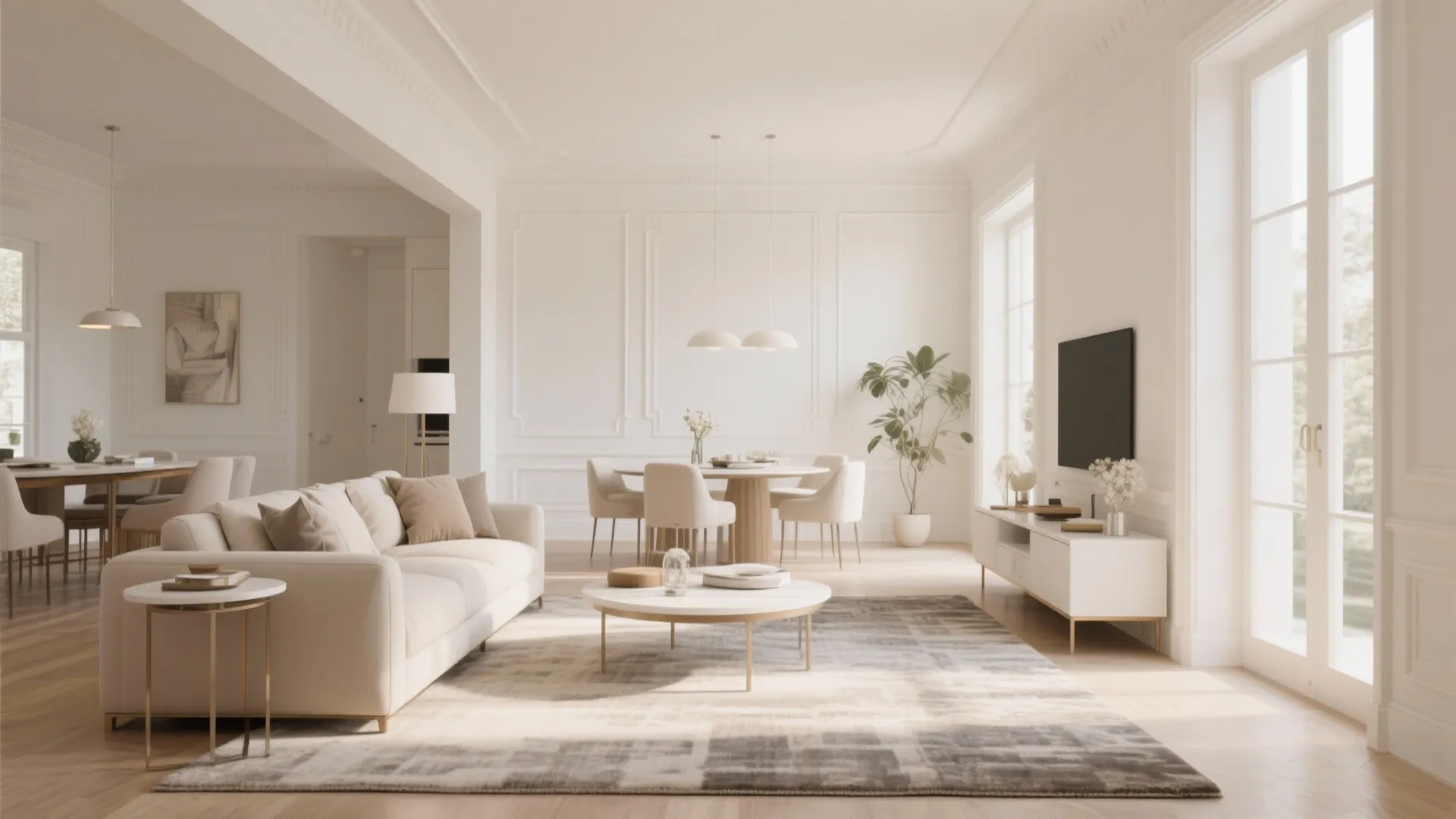 Layered creams with white trim in open living-dining space