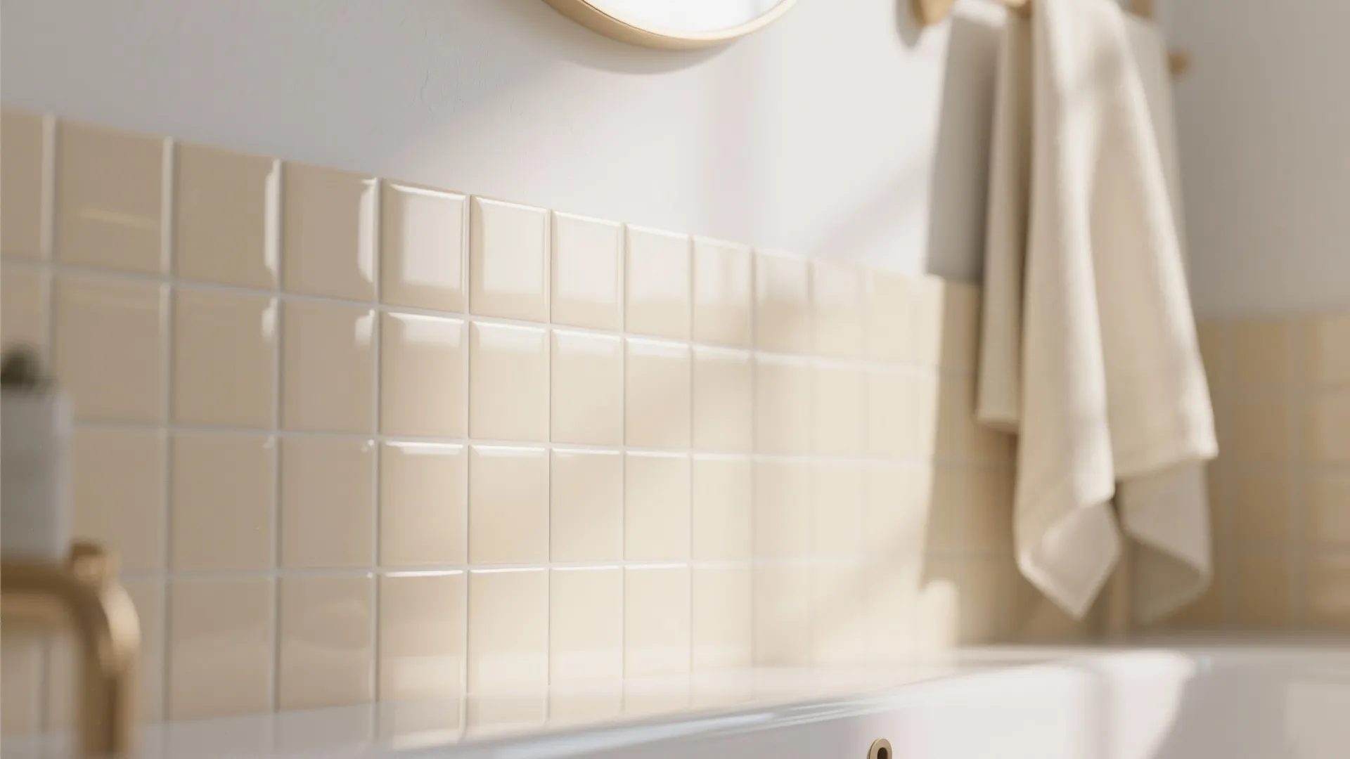 Cream square wall tiles above white bathtub with soft white hanging towel and bright natural light