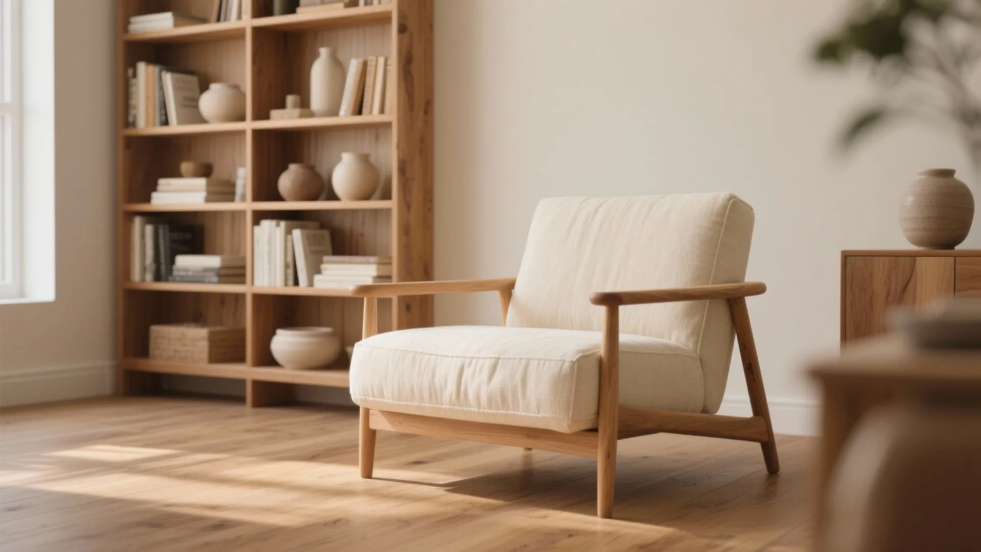 Cream linen armchair beside oak shelving and medium-toned wood flooring in a cozy living space.