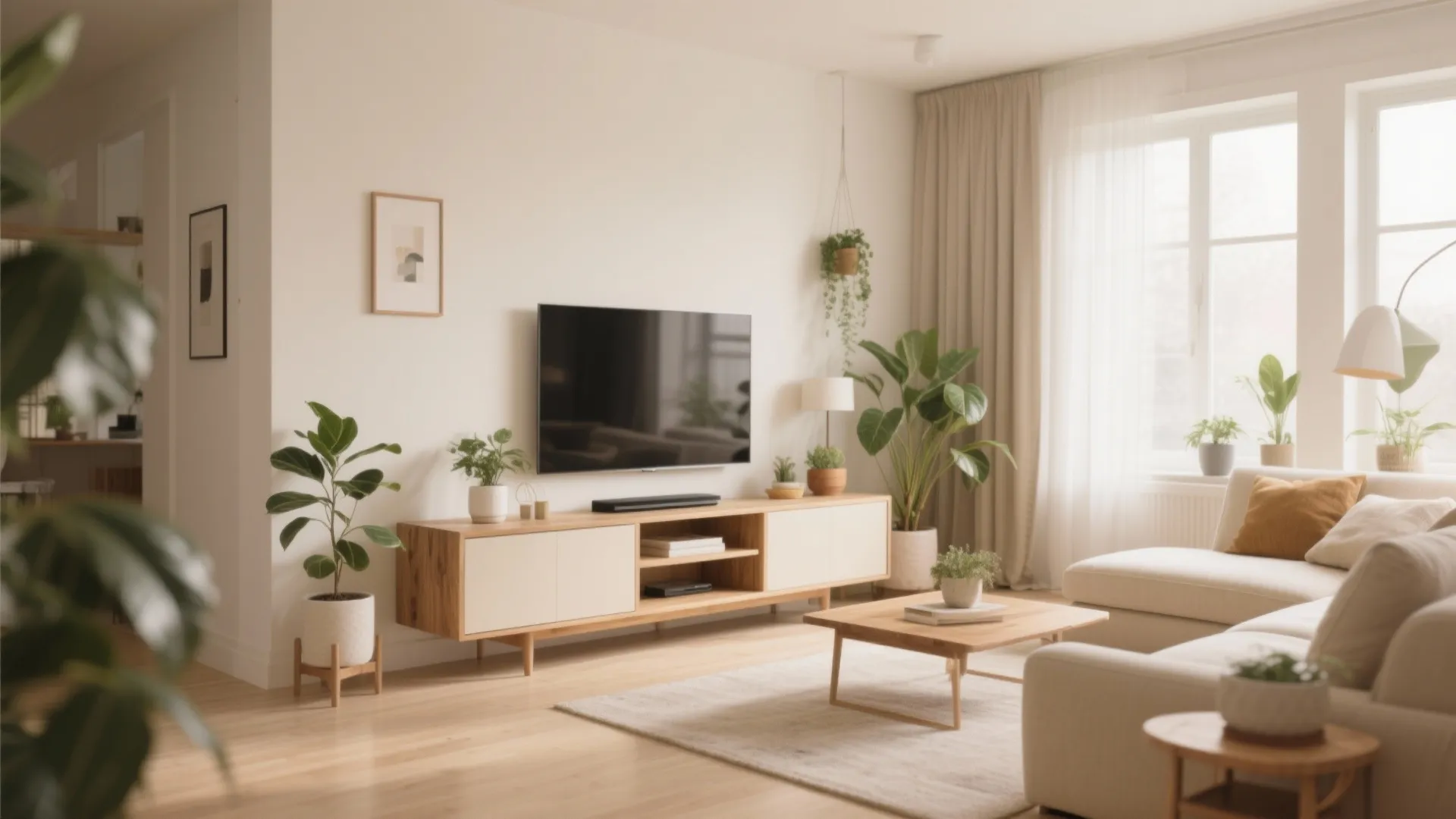 5. Cream Media Console with Wooden Accents