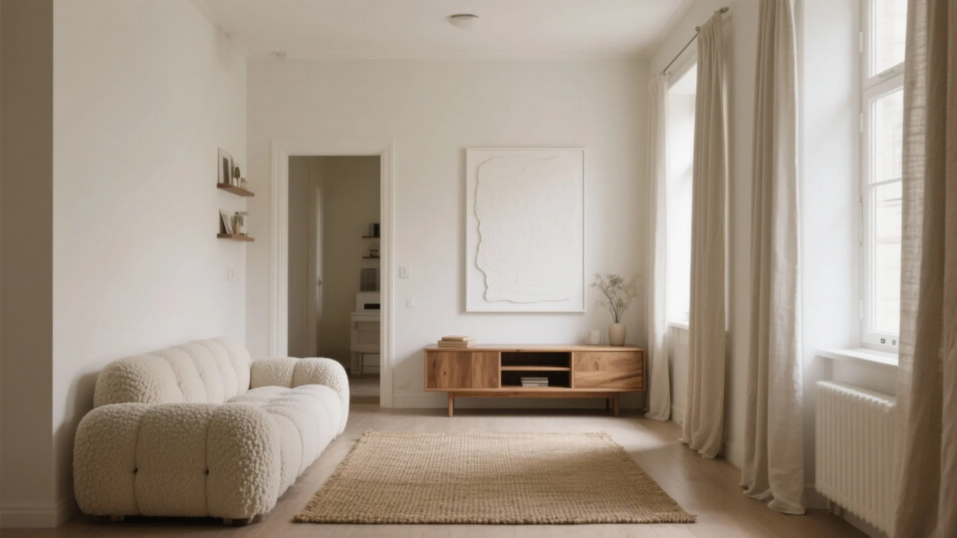 Minimalist living room with white curved sofa wooden cabinet large textured wall art and beige rug
