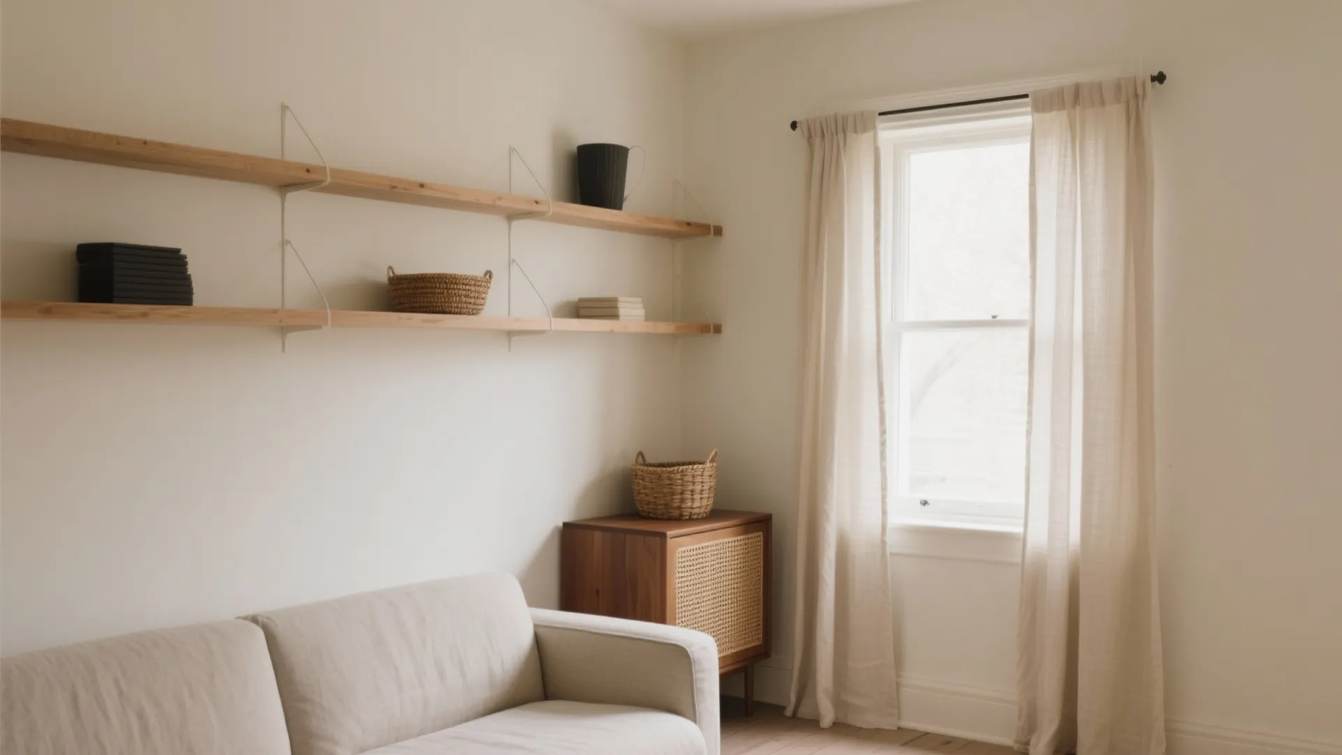 Minimalist living room with beige sofa wooden wall shelves small cabinet and cream curtains near window