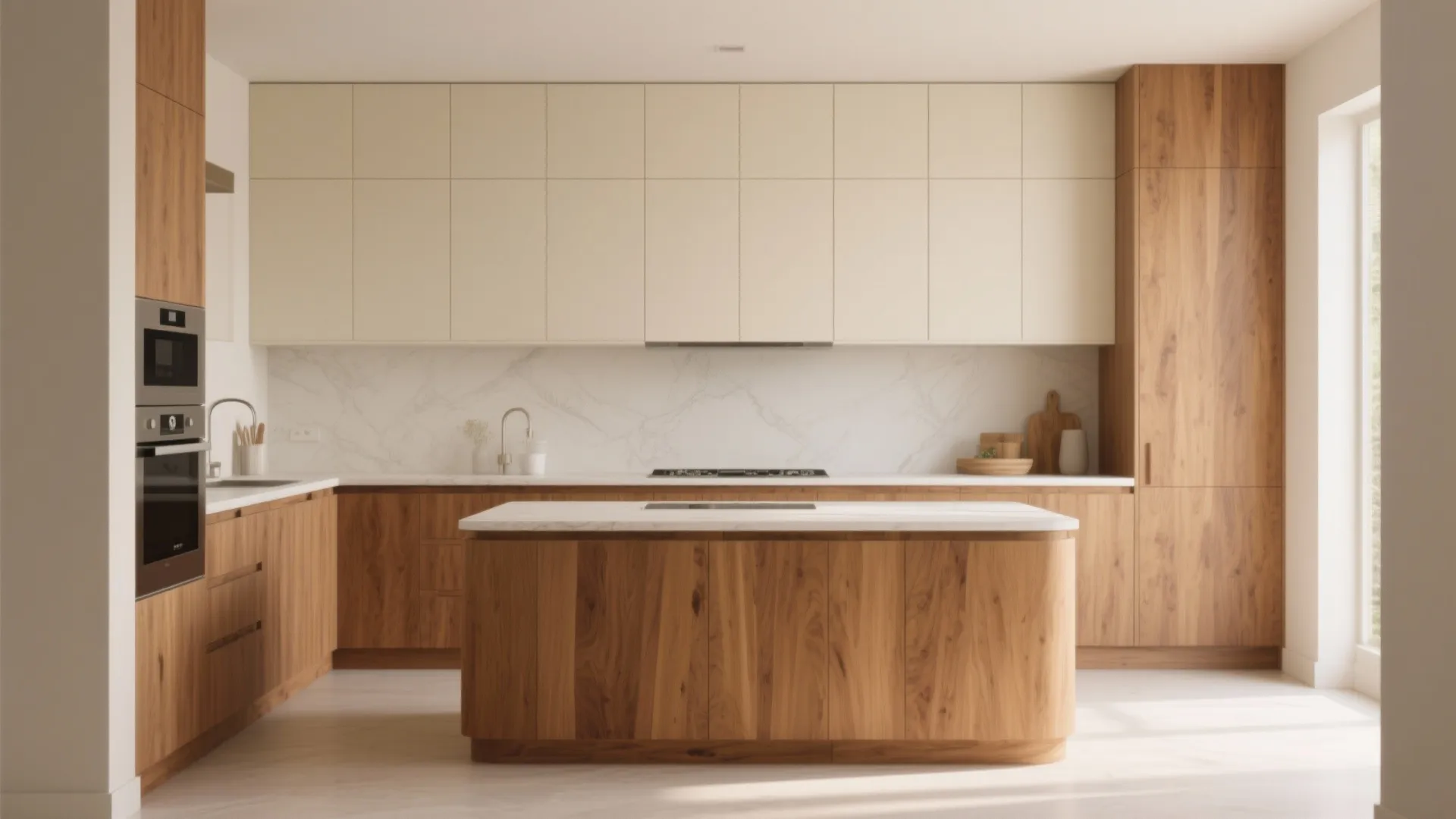 3. Two-Tone Cream+Wood: Natural Warmth Meets Modernity