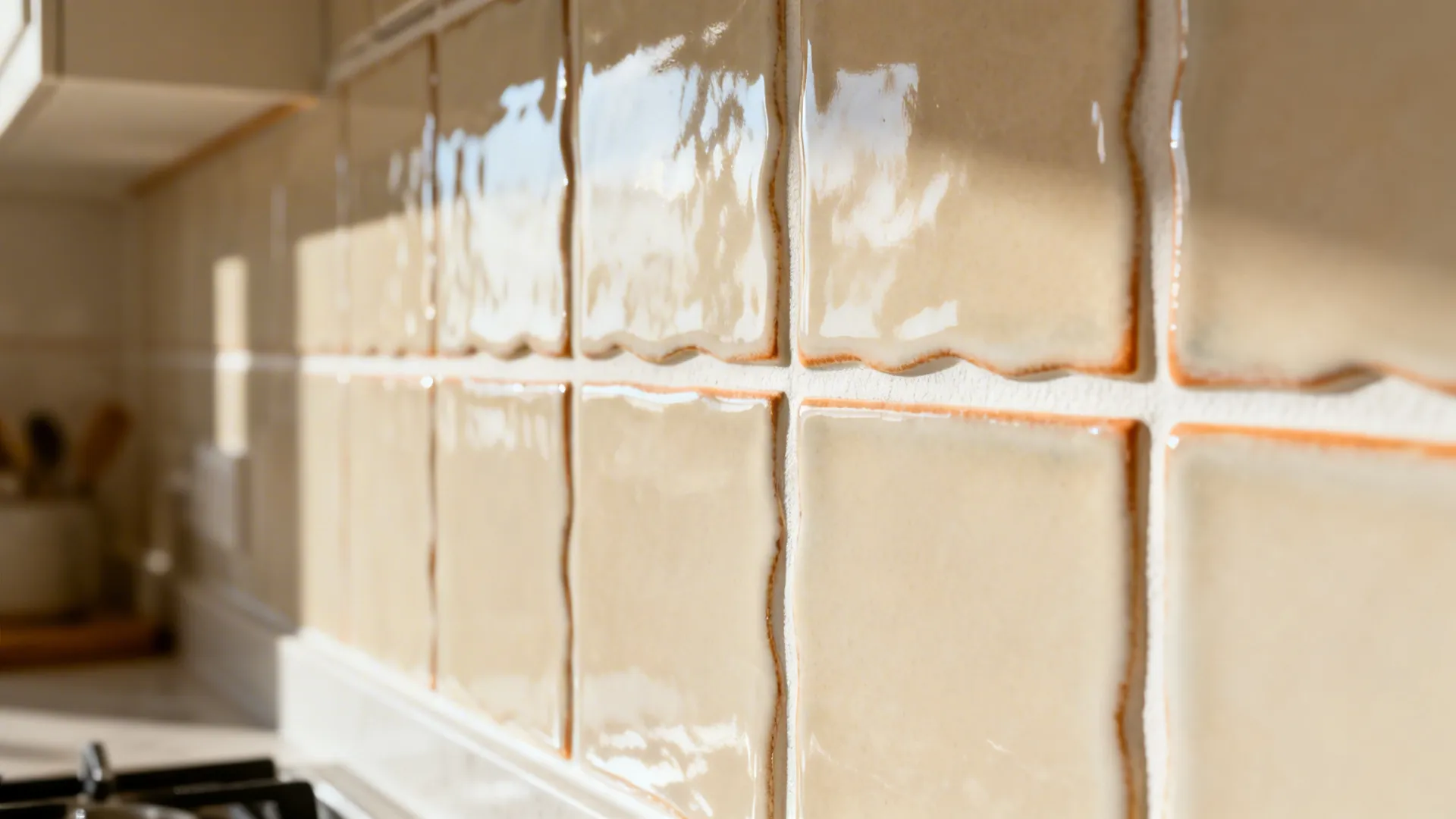 Close-up of cream zellige tiles with soft sheen and warm white grout in natural light.