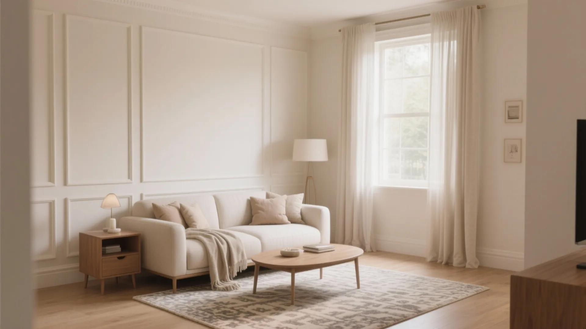 Elegant white living room featuring wall panel design with cream sofa and wooden coffee table