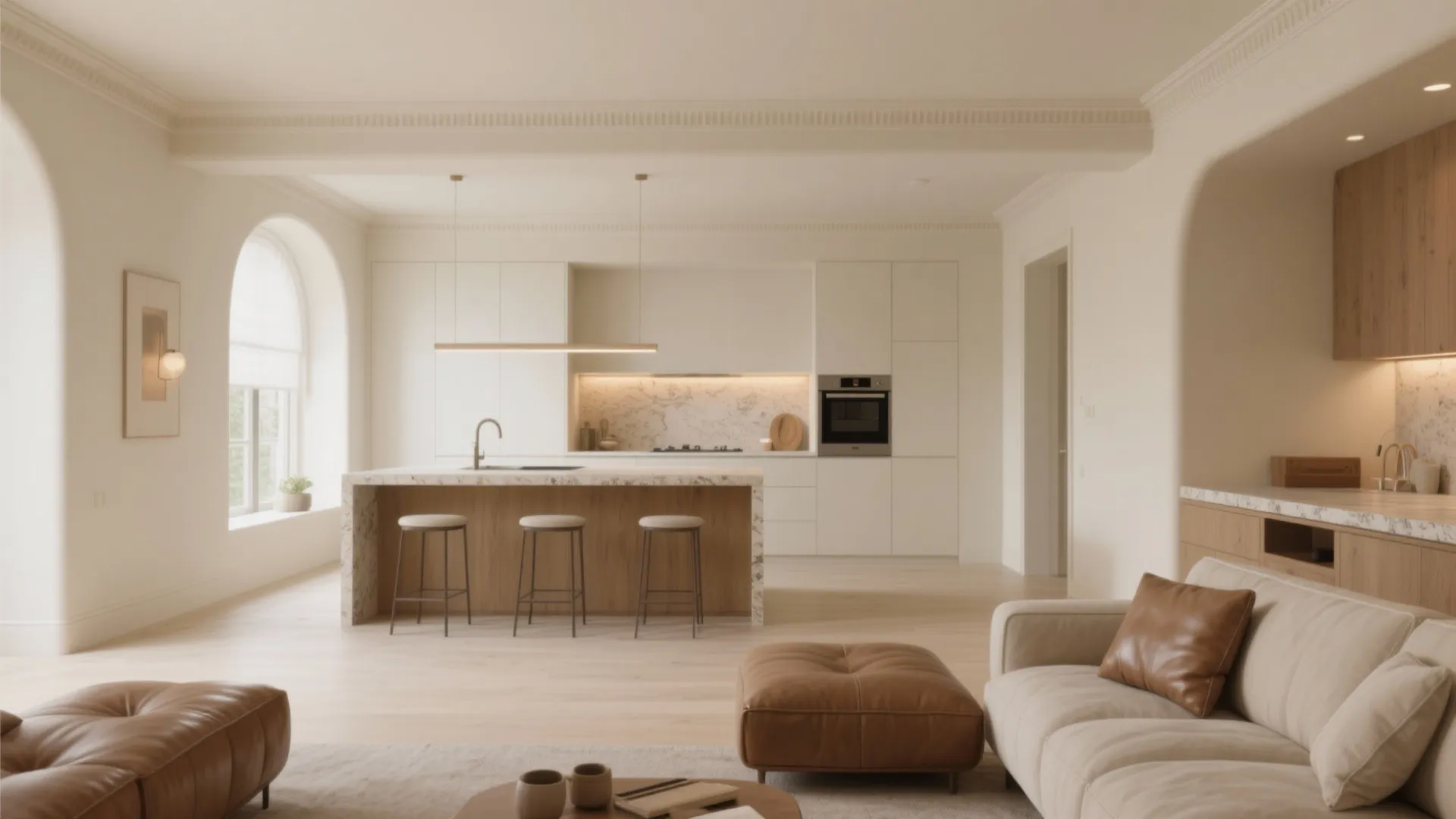 Creamy minimalist kitchen and living room with marble island wood cabinets three stools and sofa