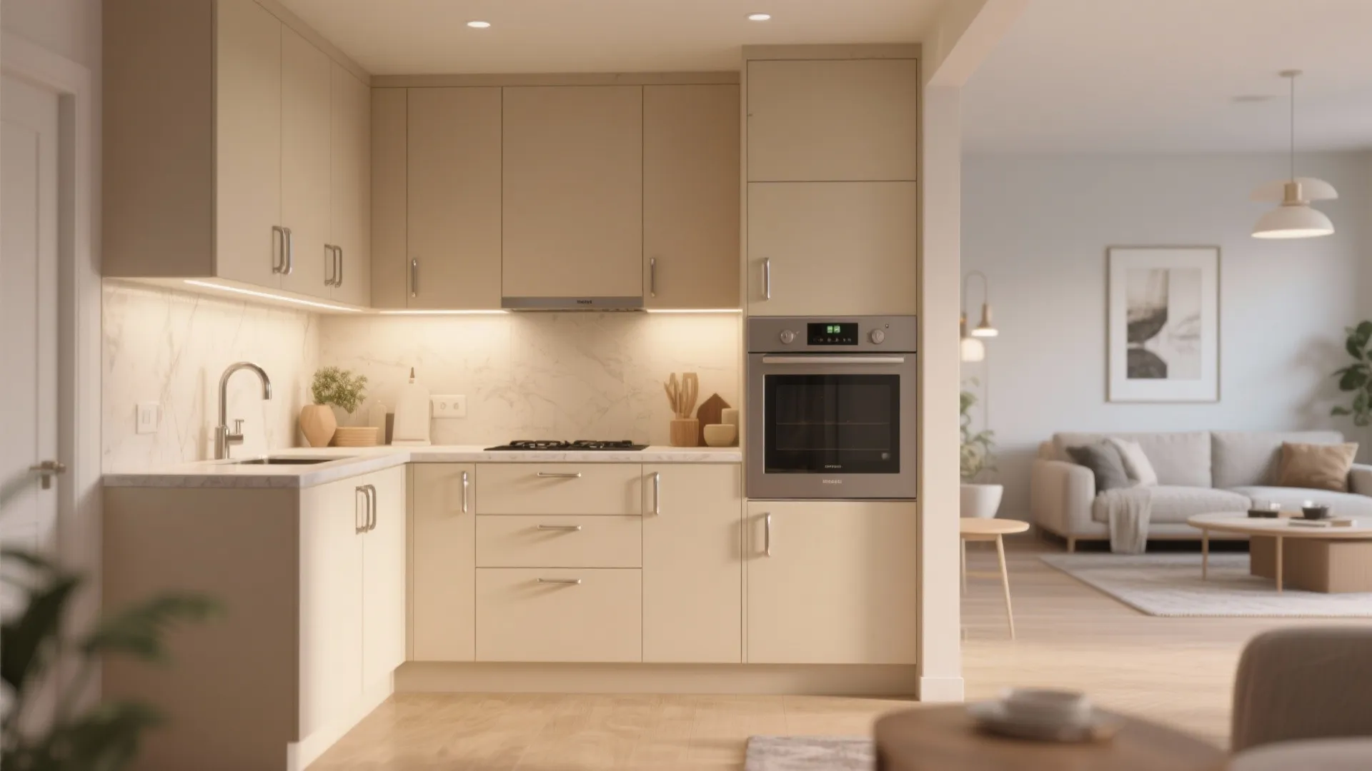 Minimalist beige kitchen with built-in oven, marble backsplash, warm lighting, and open living room view