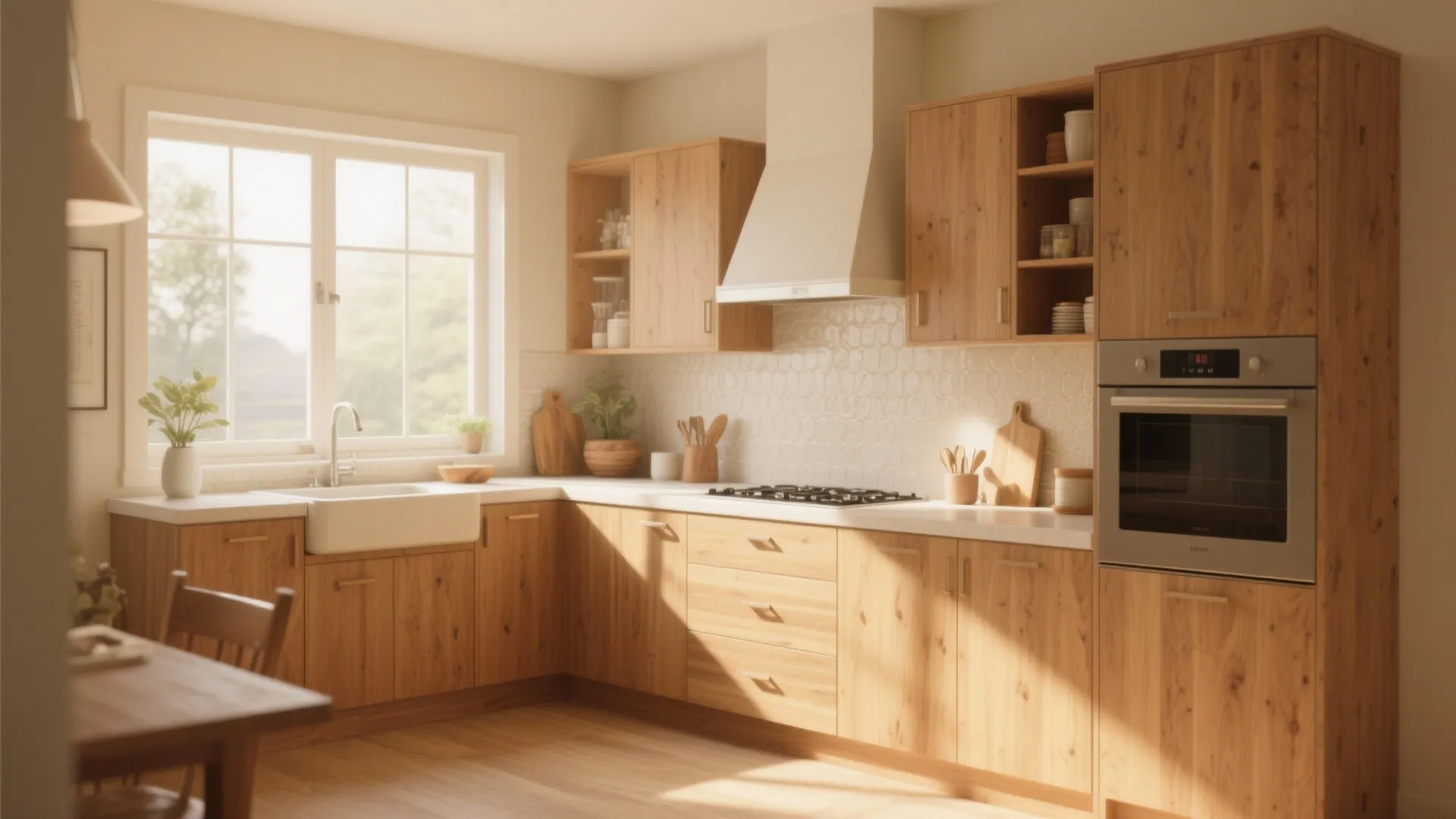 Warm creamy beige walls with beech wood cabinets in a bright kitchen
