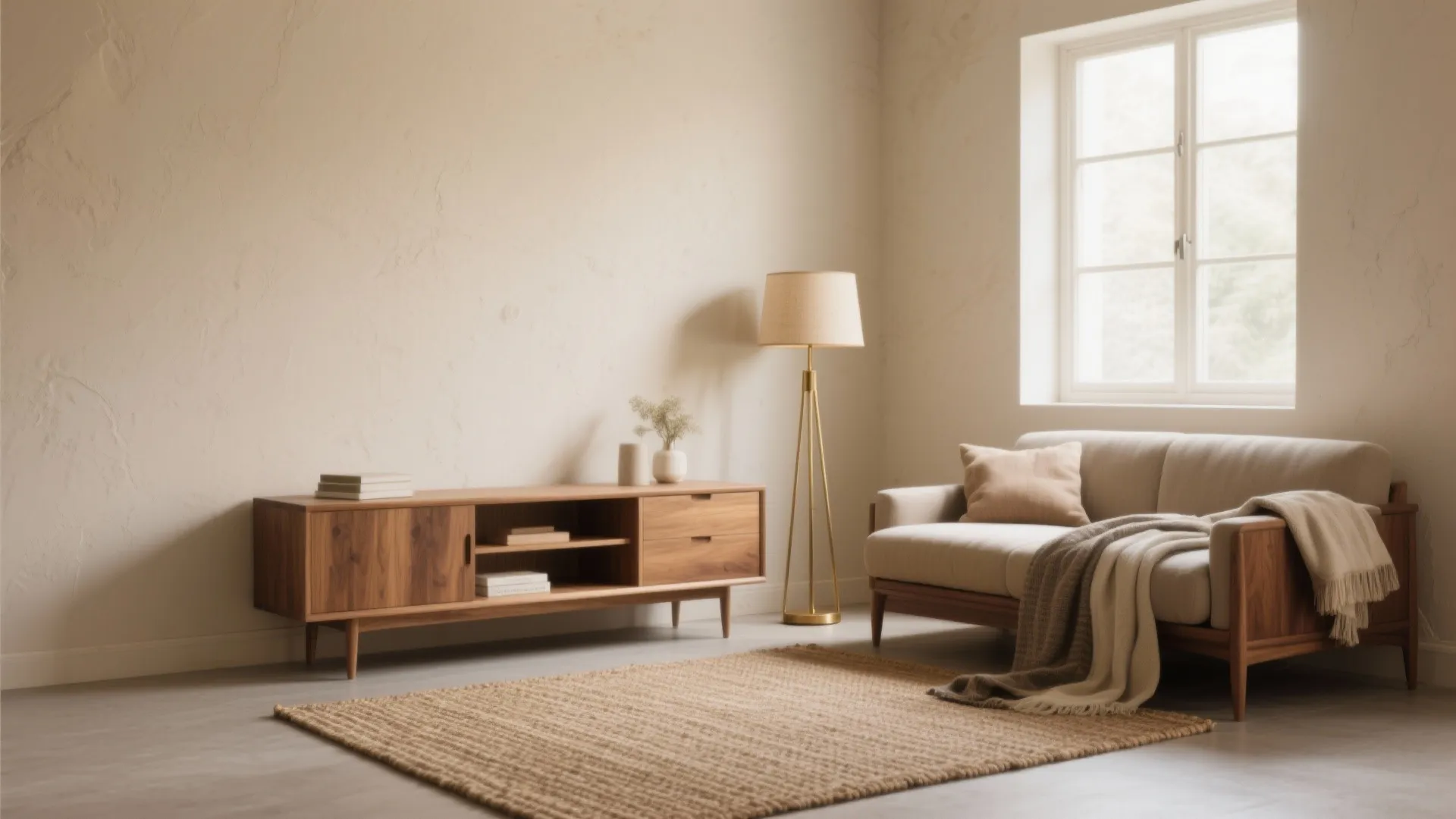 Living room corner with creamy beige walls, mid-tone oak furniture, woven rug and matte plaster texture.