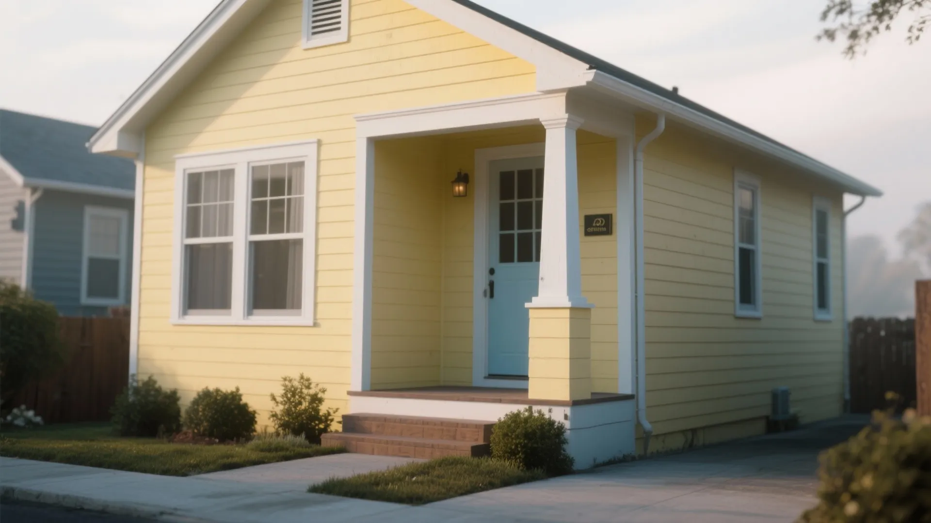 Narrow bungalow painted creamy butter yellow with warm white trim and satin finish in soft morning light.