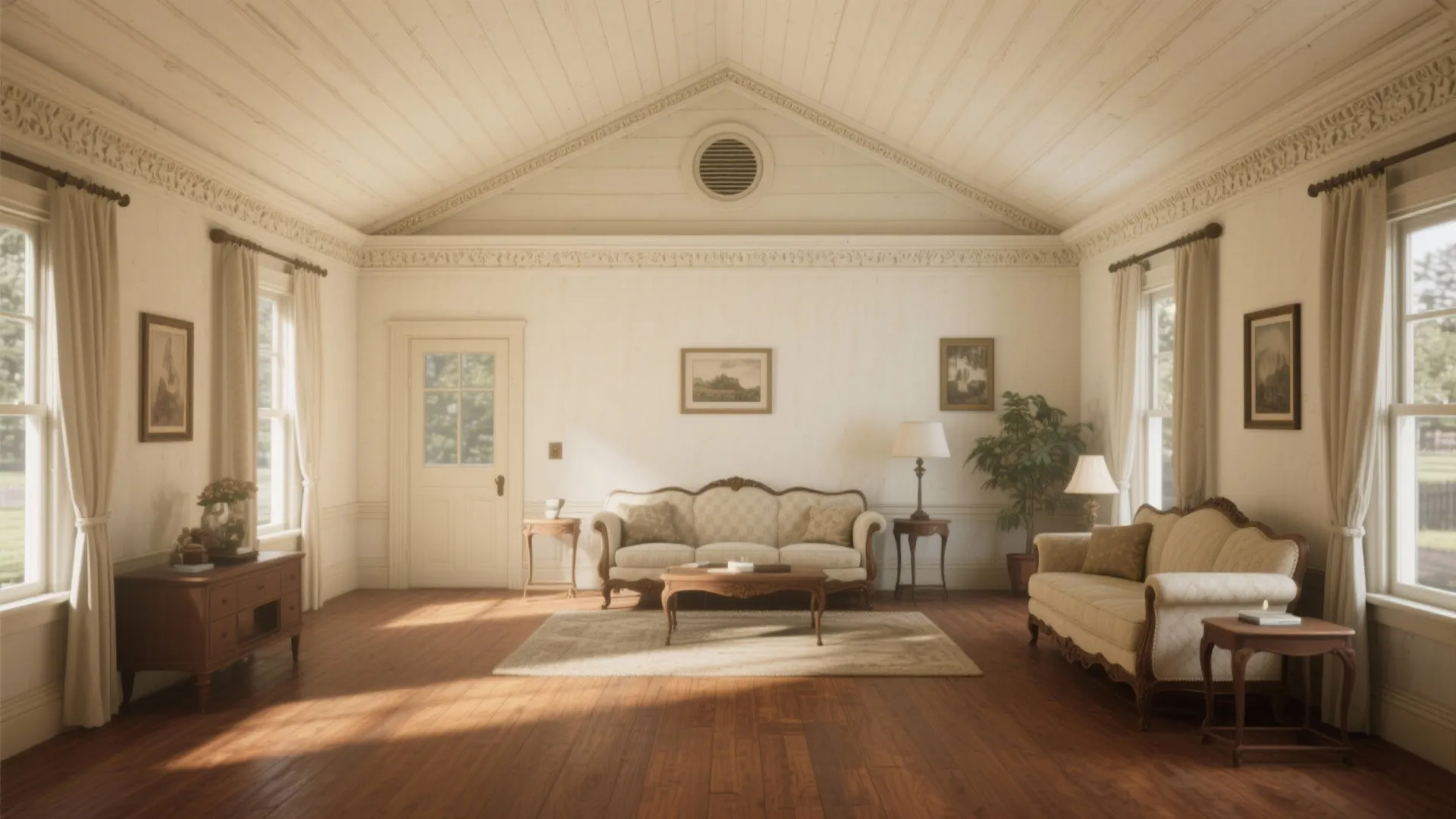 Classic living room with ivory vaulted ceiling wooden floor two sofas rug and large windows
