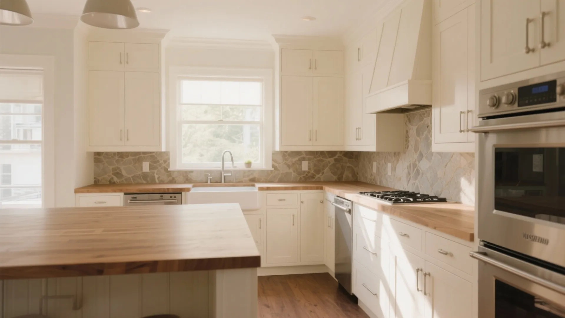 Creamy white kitchen with wooden countertops stone backsplash white cabinets and a large wooden island