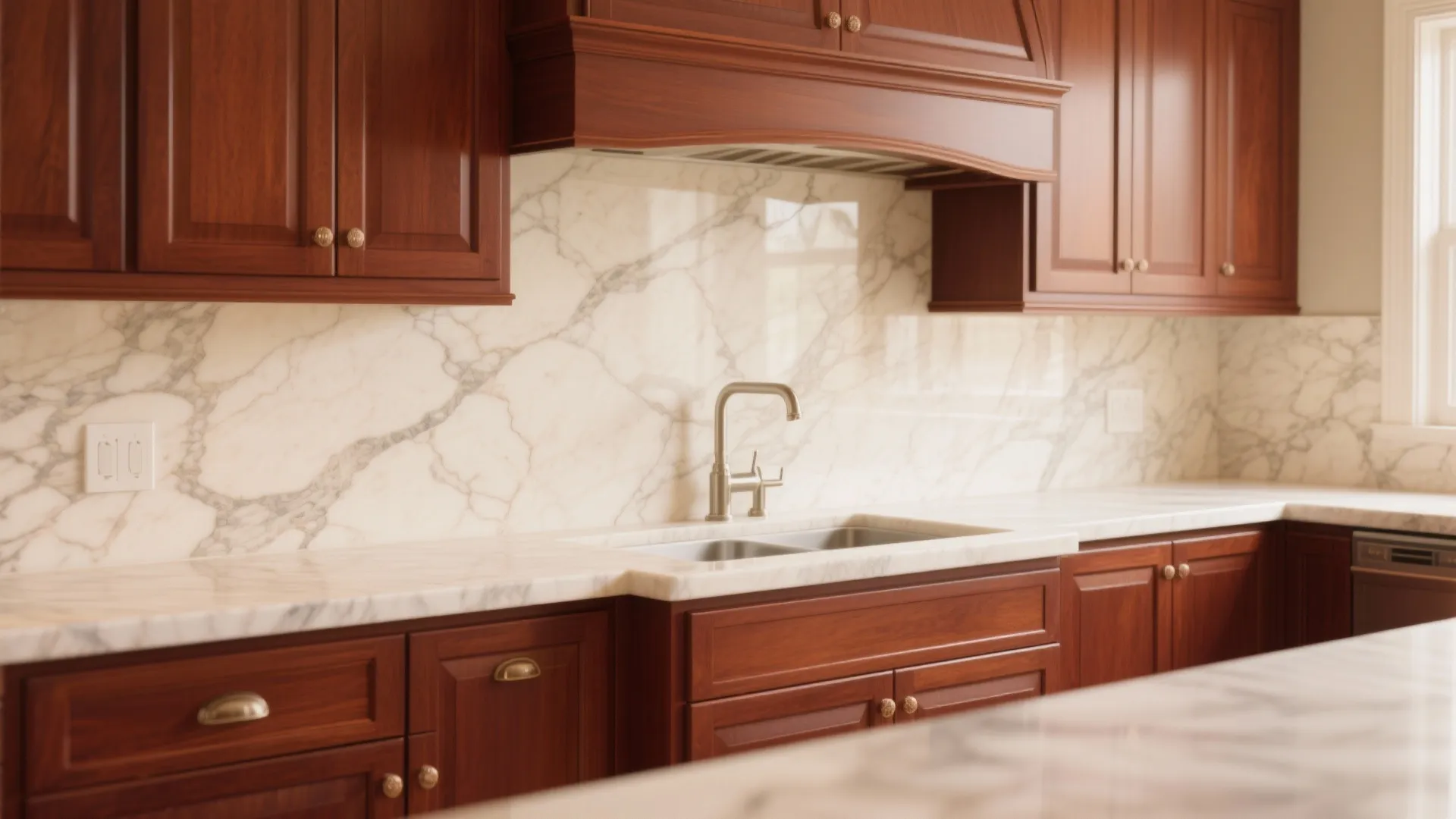 Modern kitchen featuring elegant marble backsplash with brown wood cabinets and a stainless steel water tap