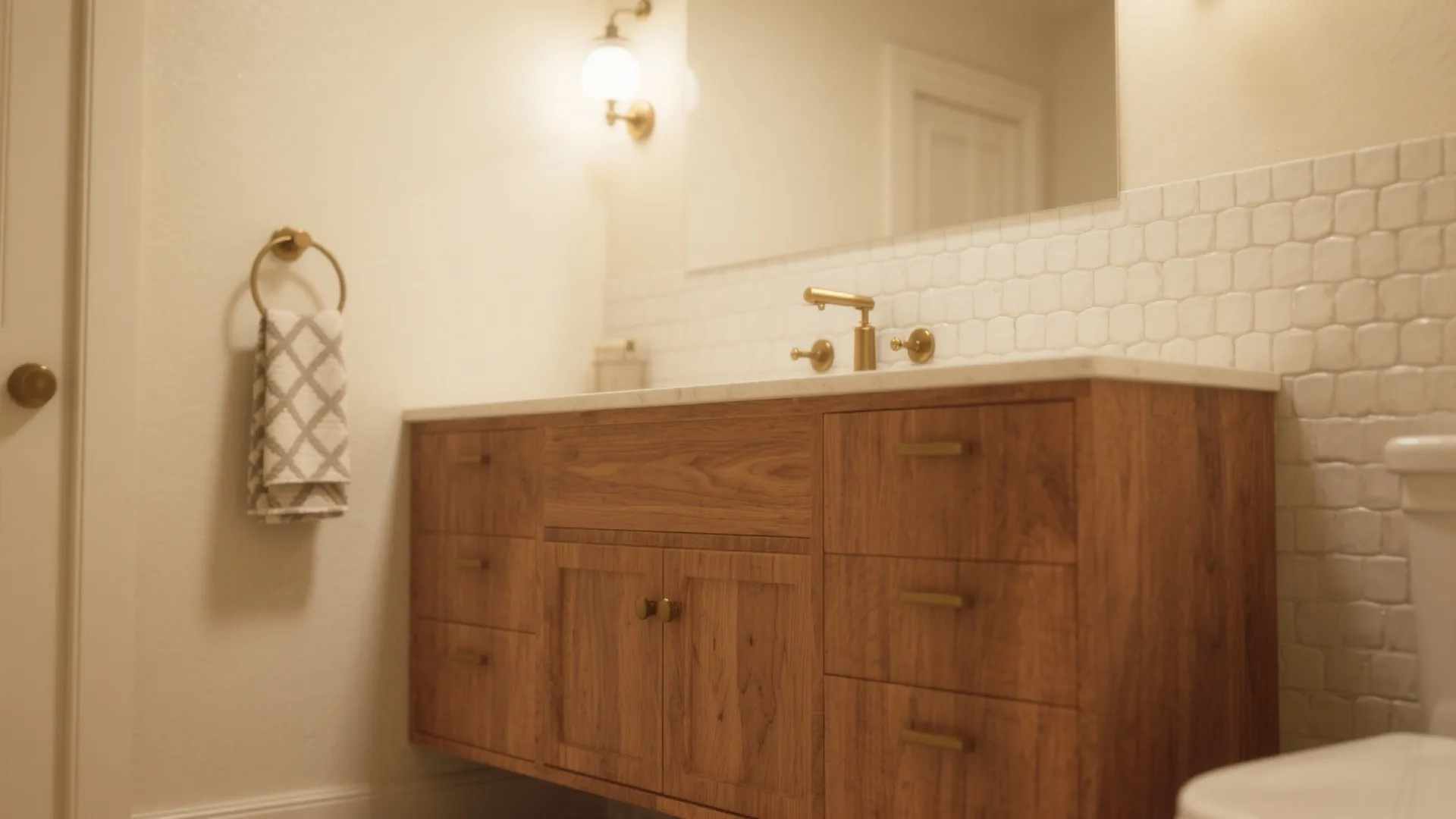 Warm bathroom with wooden cabinet gold faucet white tiled wall wall light and hanging towel