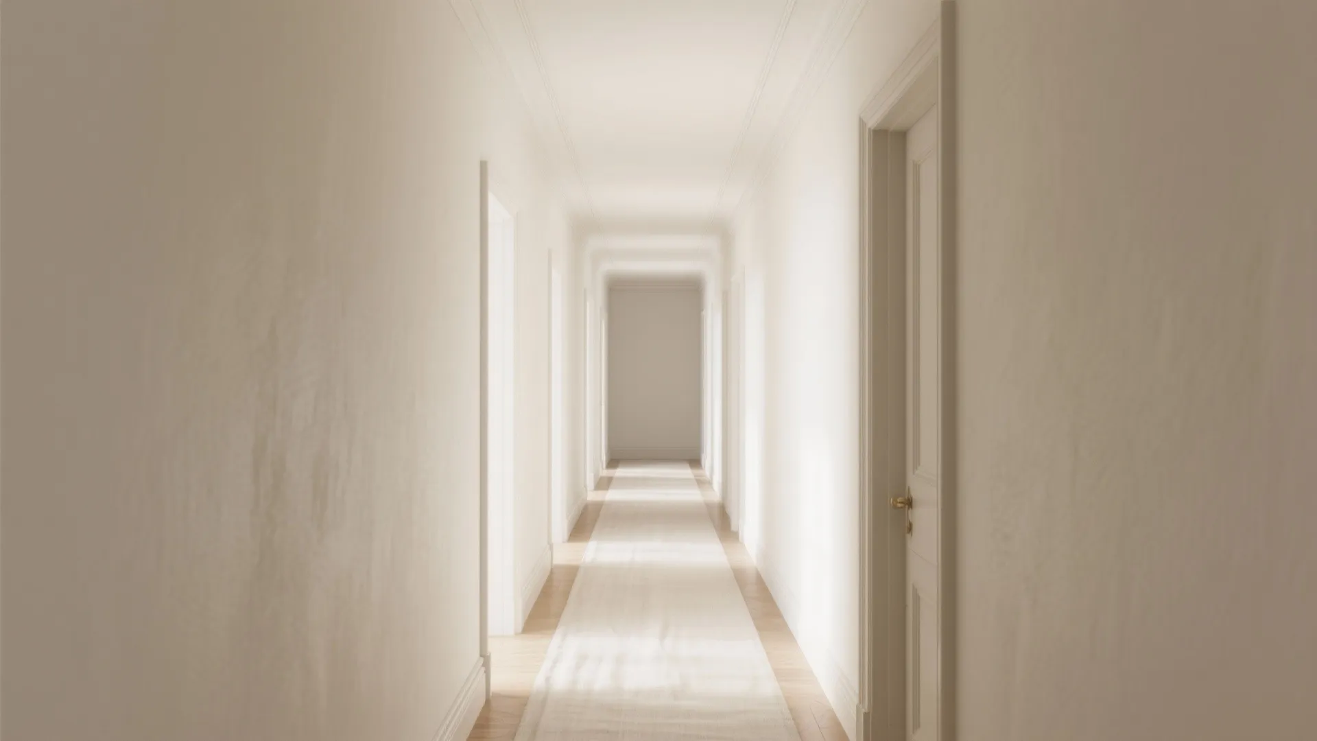 Hallway and ceiling painted creamy off-white with slightly lighter trim to boost perceived height.