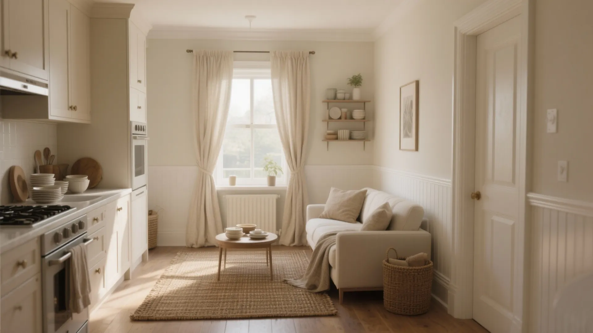 North-facing compact kitchen and nook in creamy off-white with linen textures and crisp white trim.