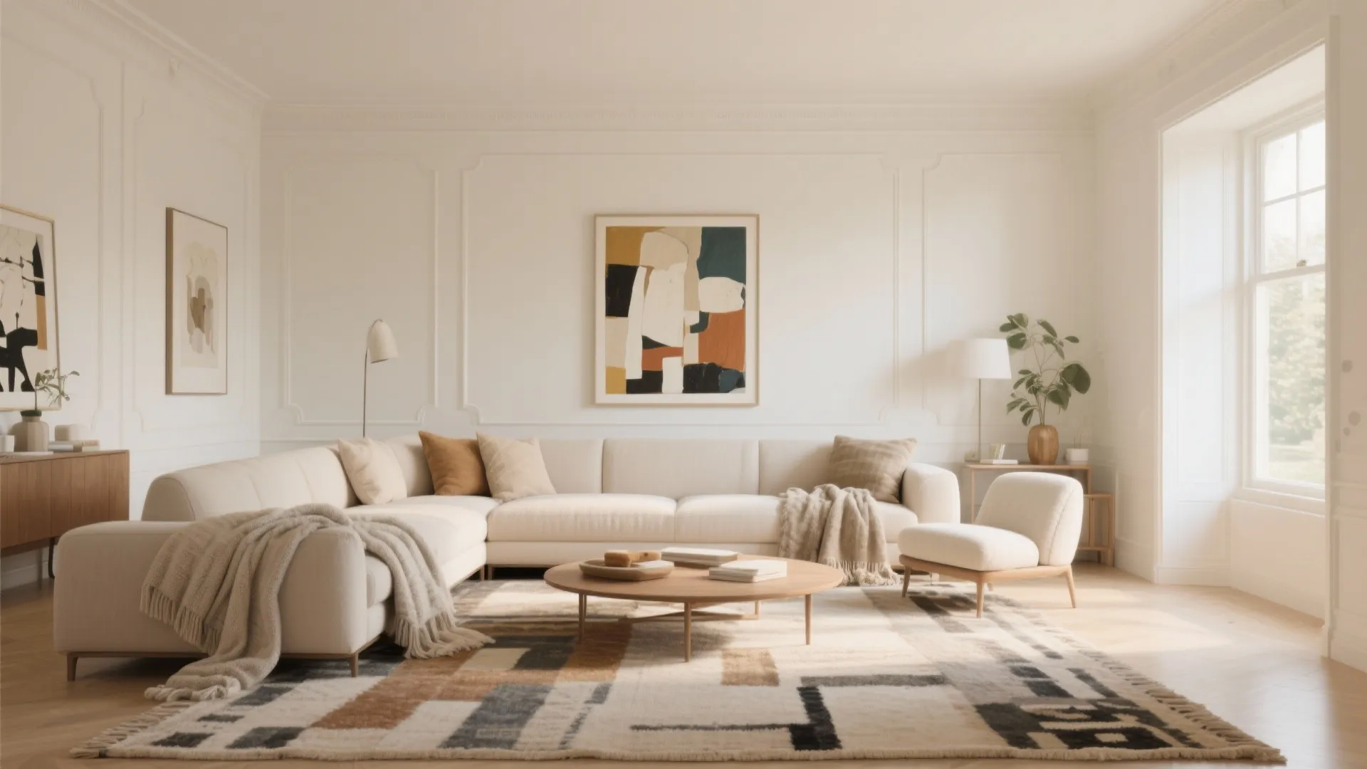 Modern cream living room featuring large sectional sofa wood table pattern rug and white wall panel