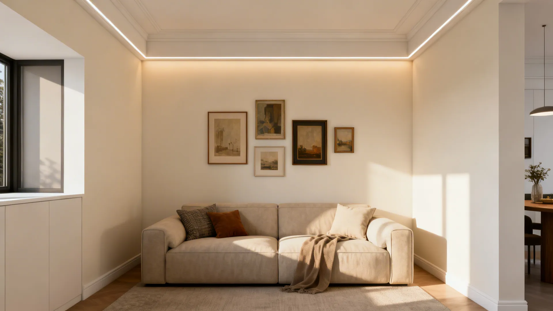 Compact living room with creamy off-white walls, artwork and warm layered lighting
