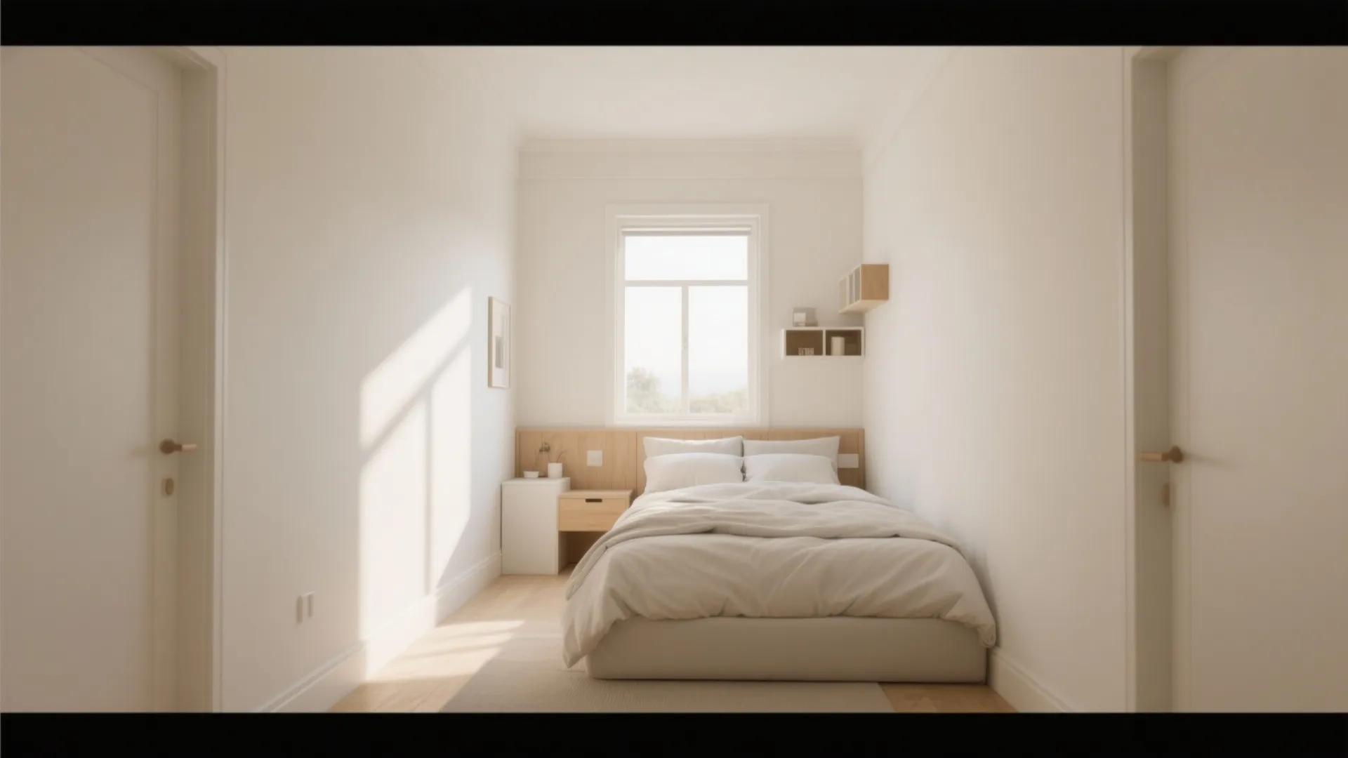 Small bedroom with creamy off-white walls, natural light, and practical washable surfaces
