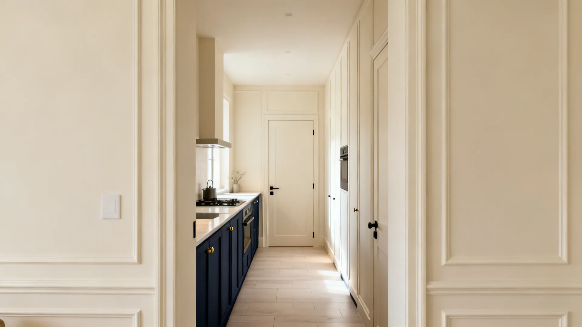 Navy cabinets with creamy off-white walls and tone-matched trim in a narrow galley kitchen.