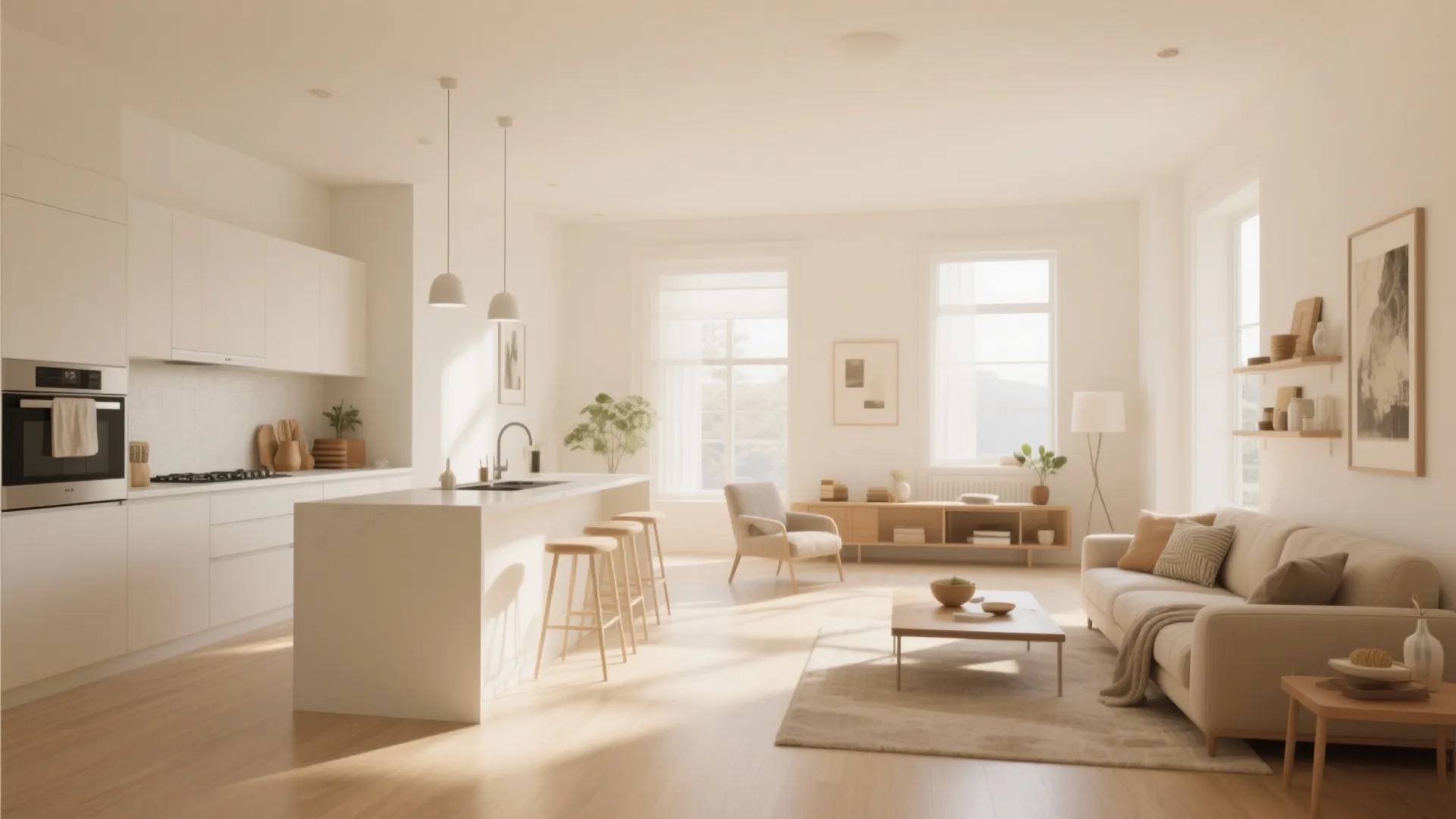 Bright creamy off-white living room and kitchen with wood floor, beige sofa, and kitchen island