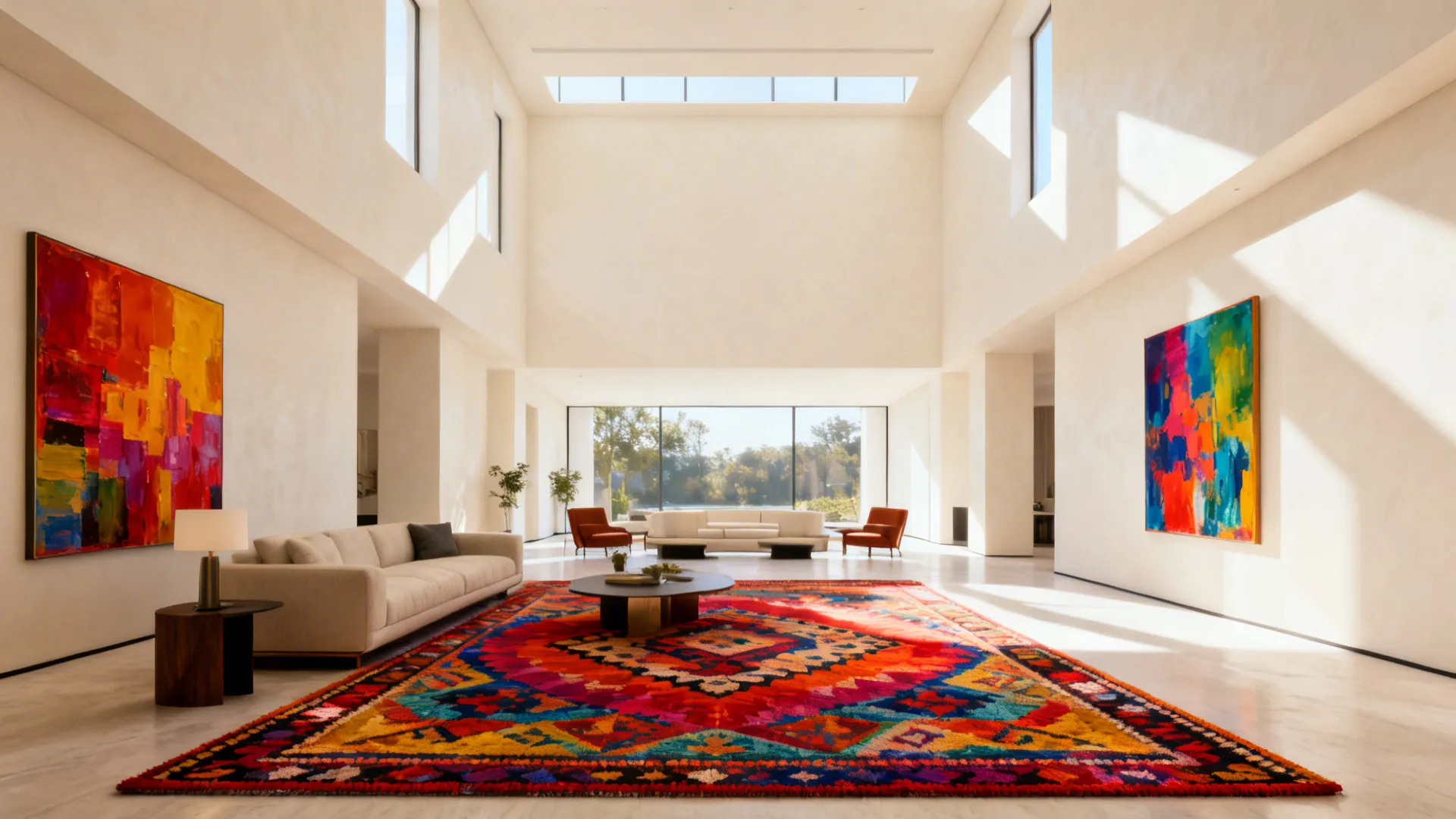 Bright living room in creamy off-white with colorful rug and artwork.