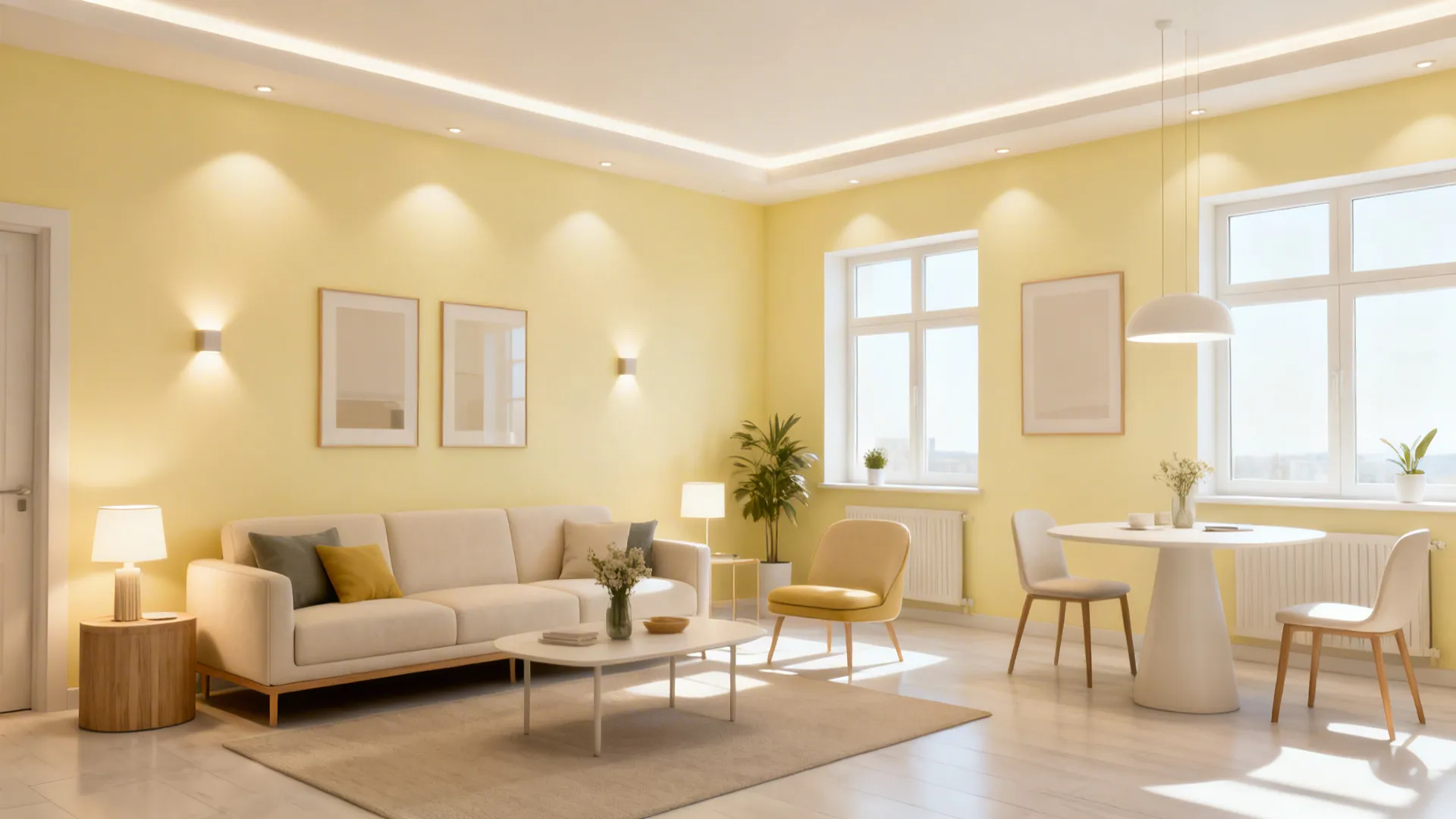 Family living room with creamy pale yellow walls and contemporary furniture