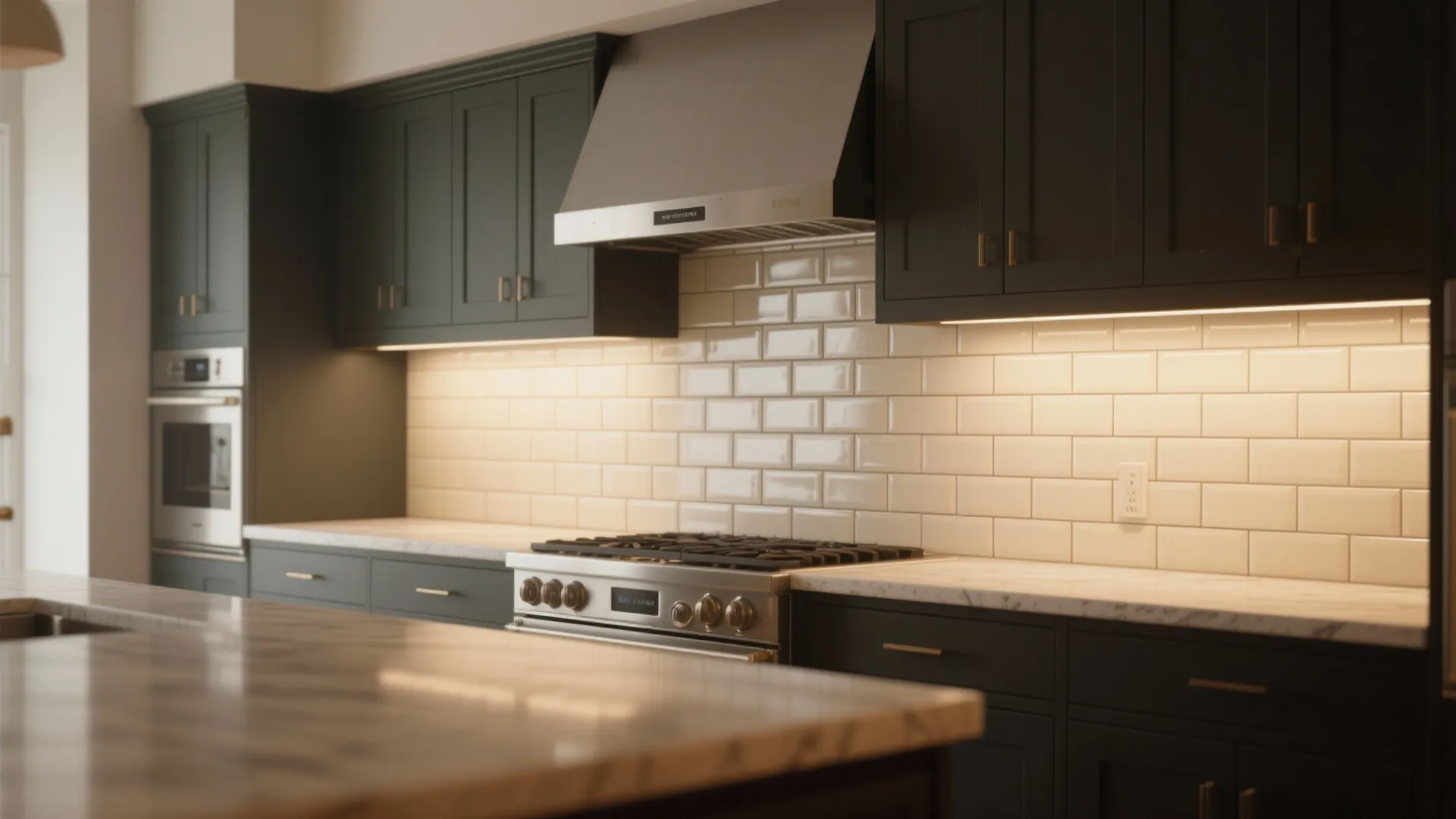 Dark green kitchen cabinets with white brick wall tiles, gas stove, and stainless steel hood